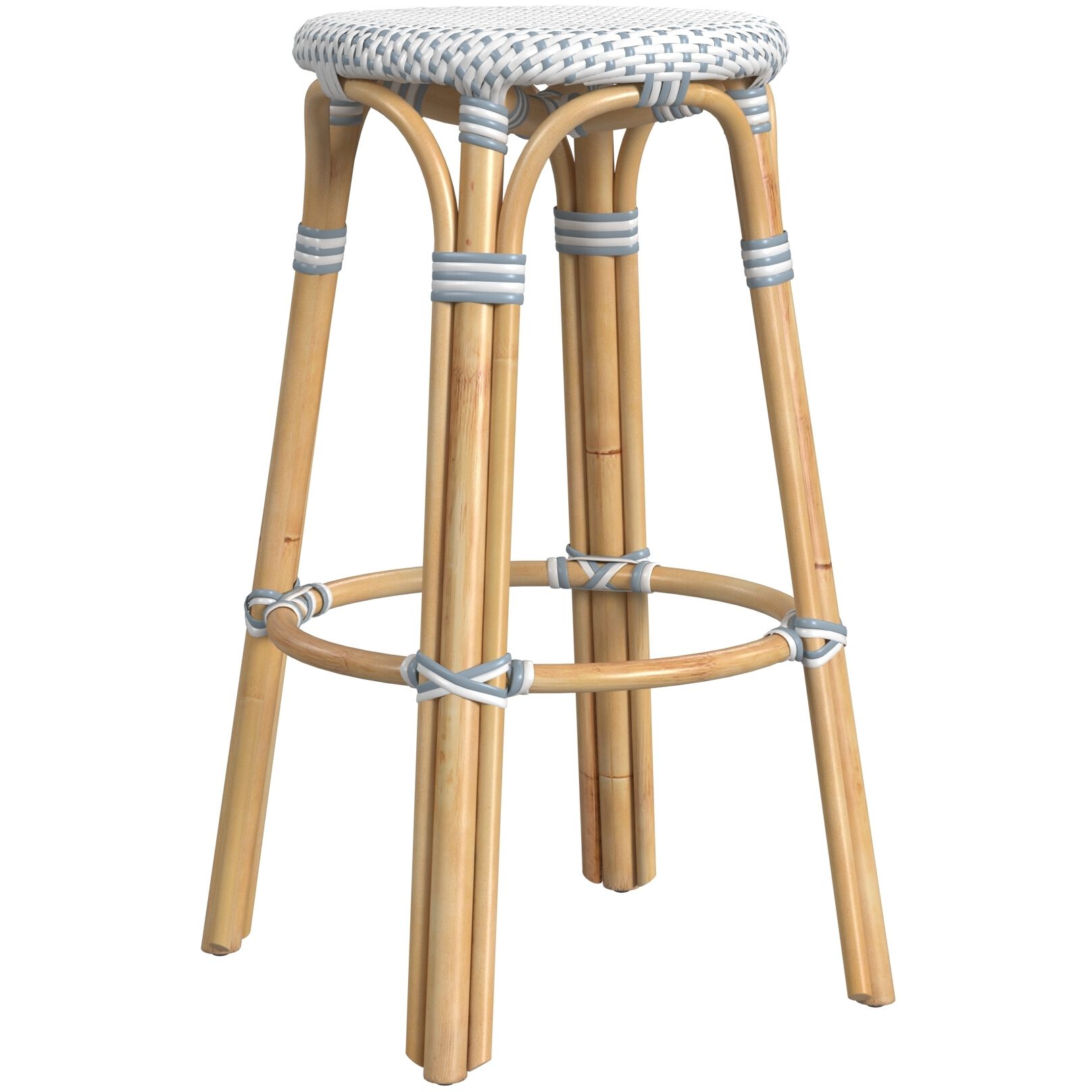 Tobias Round Rattan 30" Bar Stool in White and Sky Blue Dot