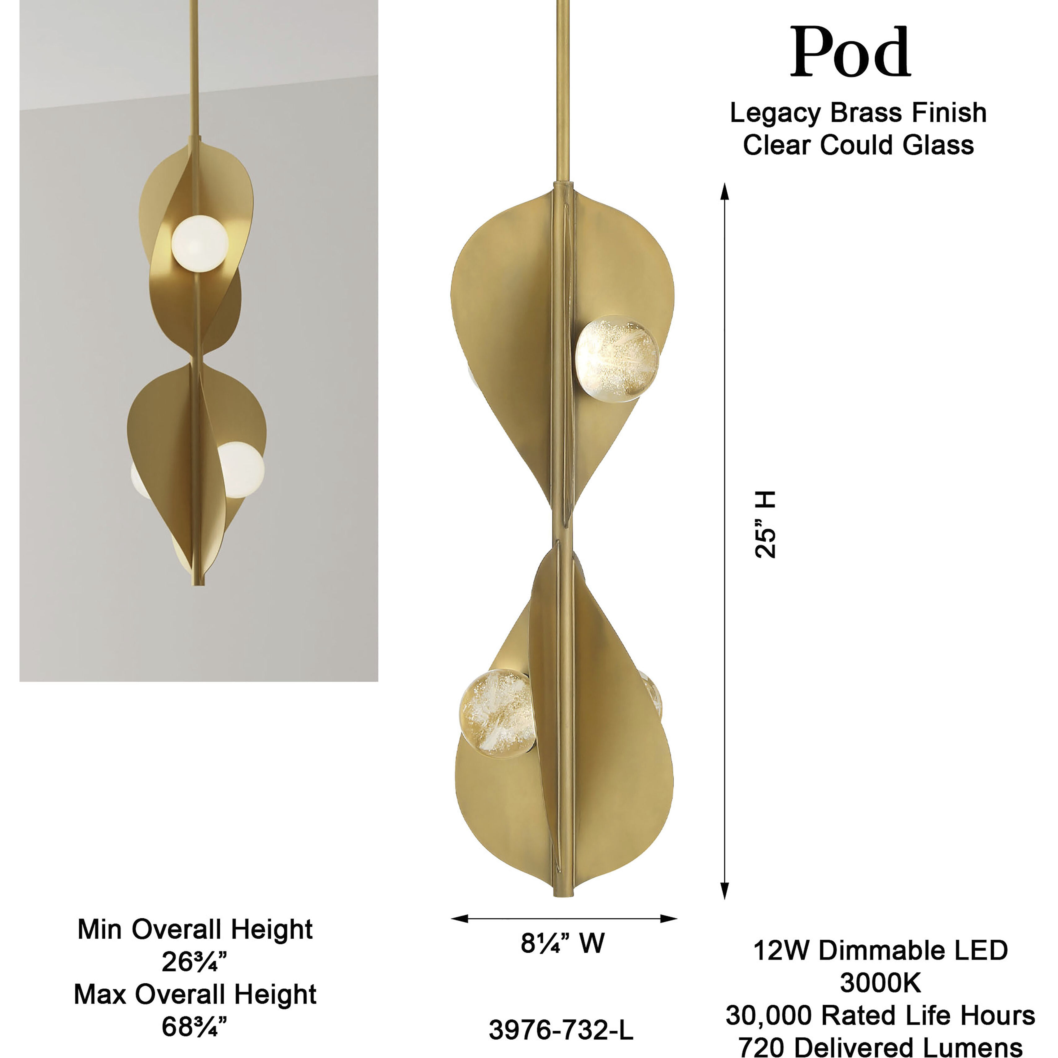 Pod LED 8.25 inch Legacy Brass Pendant Ceiling Light