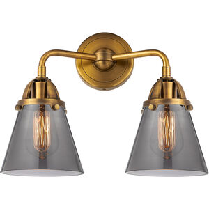 Nouveau 2 Small Cone LED 14 inch Brushed Brass Bath Vanity Light Wall Light in Plated Smoke Glass