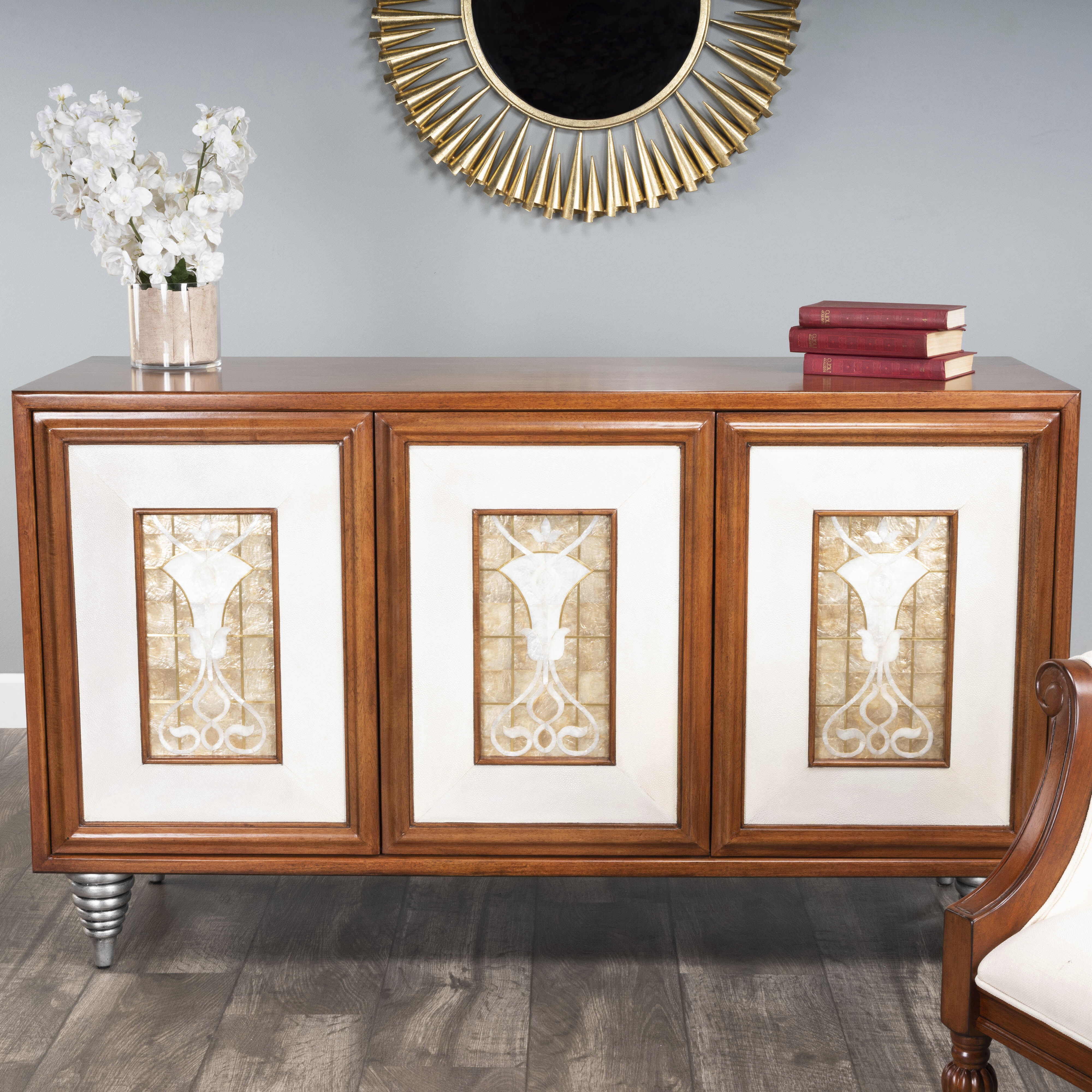 Shelly Leather & Capiz Shell Inlay Buffet or Sideboard