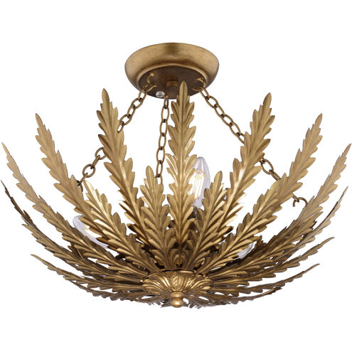 Ozette 3 Light 18 inch Painted Gold Semi Flush Mount Ceiling Light, Leaf Motif