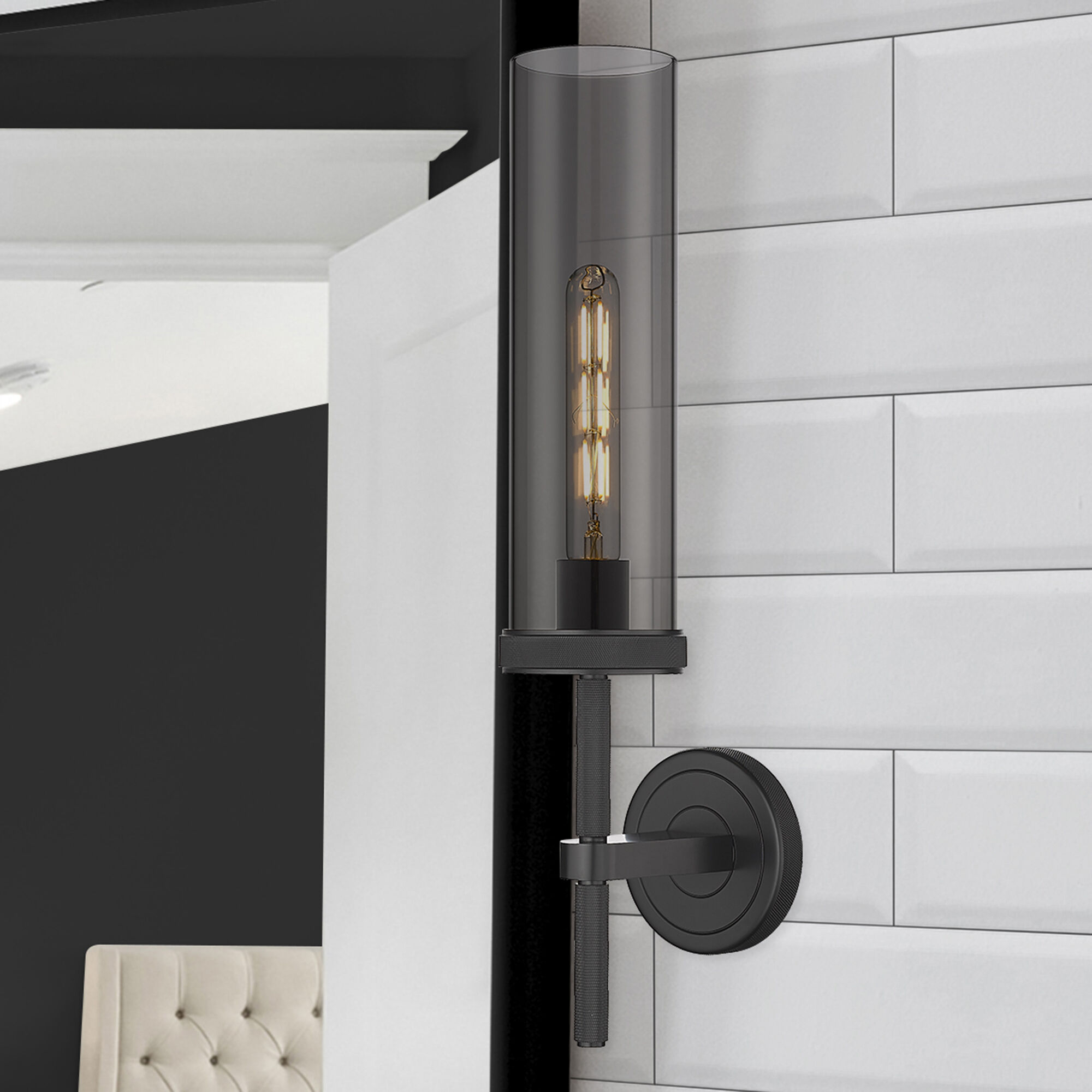 Lincoln Sconce Wall Light in Matte Black, Light Smoke Glass