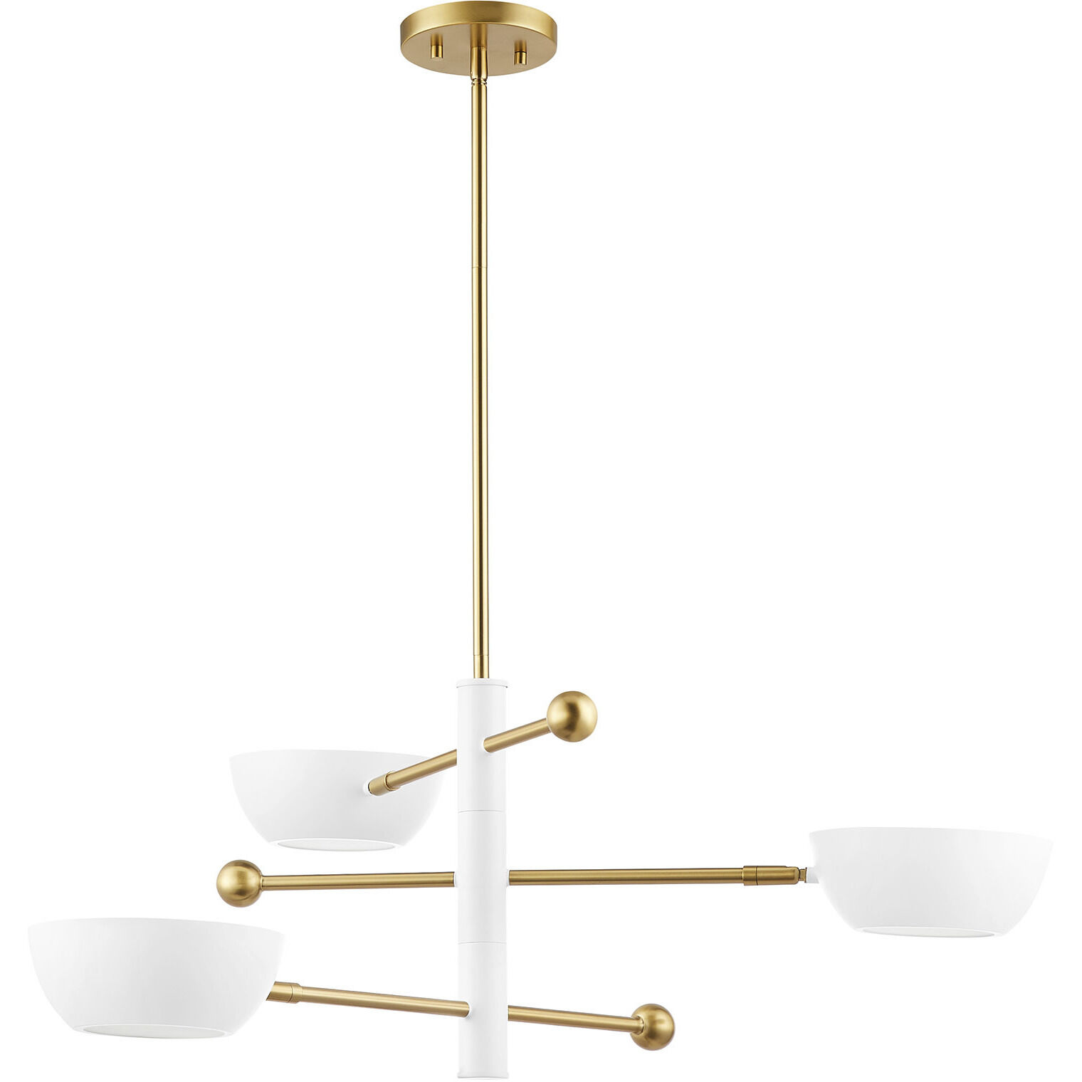 Contemporary 3 Light 33.75 inch White with Natural Brass Chandelier Ceiling Light