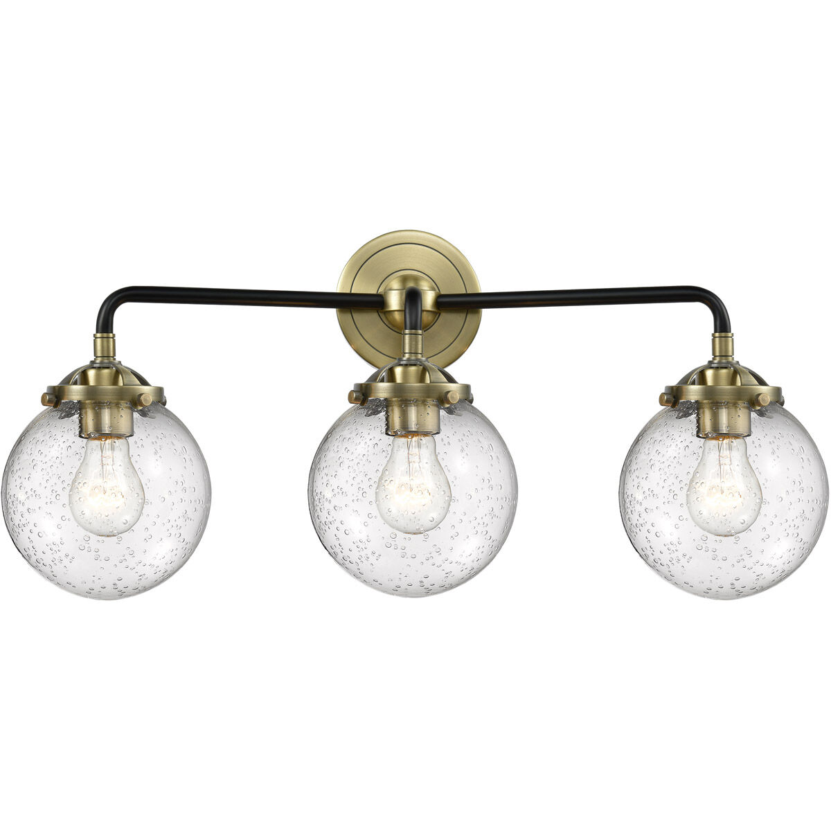 Nouveau Beacon 3 Light 24 inch Black Antique Brass Bath Vanity Light Wall Light in Seedy Glass, Nouveau
