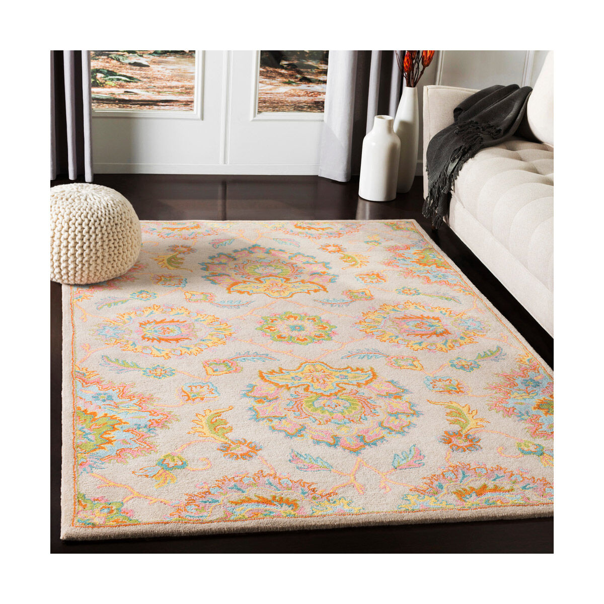 Rajhari 36 X 24 inch Beige/Bright Blue/Bright Pink/Grass Green Rugs, Rectangle