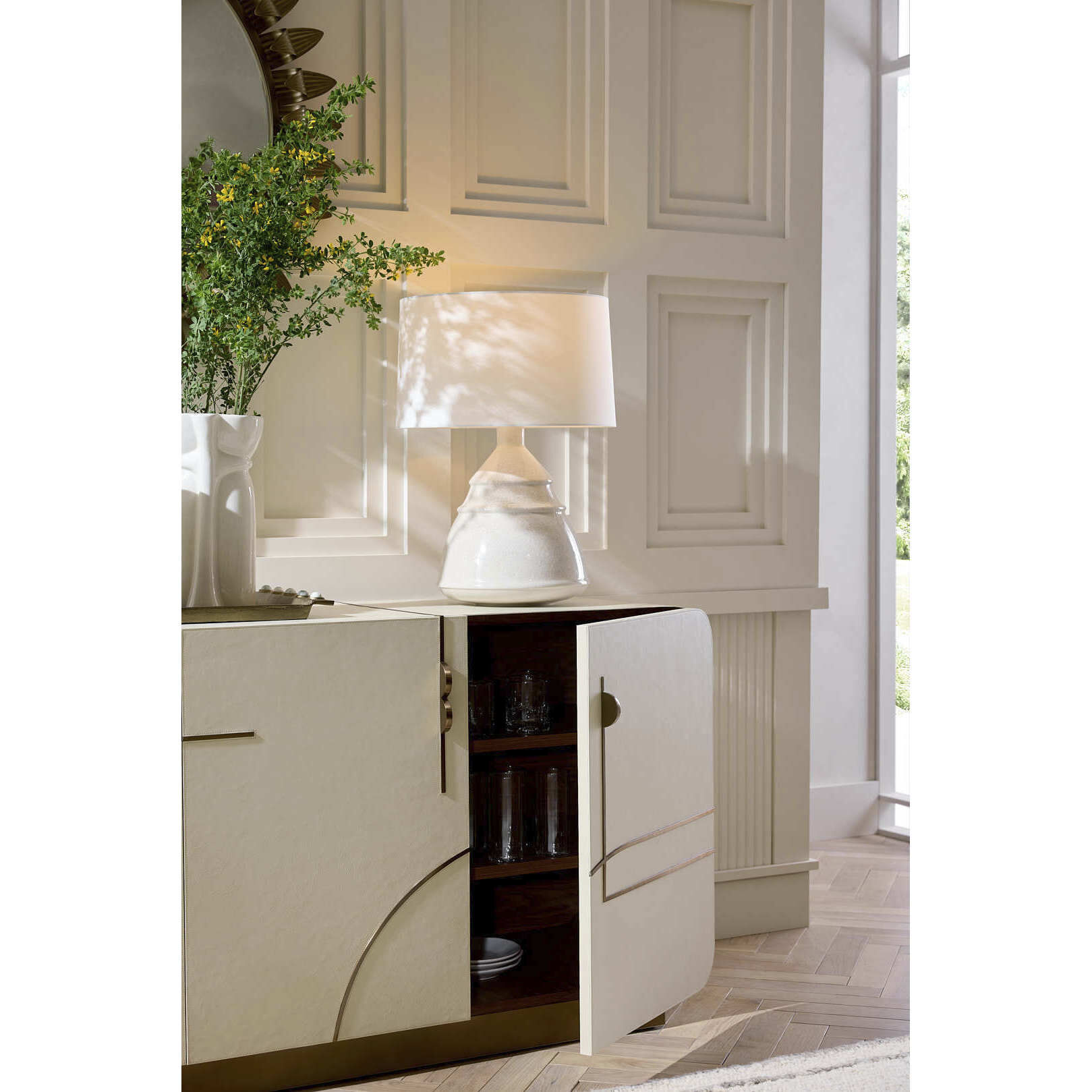 Montevito 84.5 inch Ivory and Antique Brass with Satin Walnut Credenza
