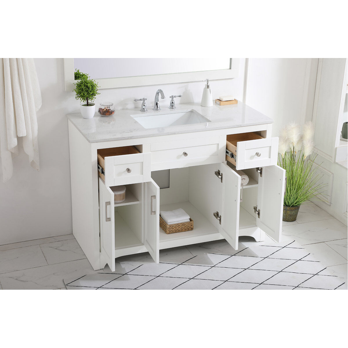 Moore 48 X 22 X 34 inch White and Brushed Nickel with Calacatta Quartz Vanity Sink Set