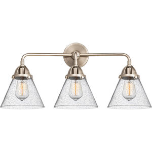 Nouveau 2 Large Cone 3 Light 26 inch Brushed Satin Nickel Bath Vanity Light Wall Light in Seedy Glass