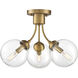 Mid-Century Modern 3 Light 16 inch Natural Brass Semi-Flush Ceiling Light