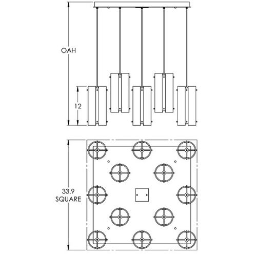 Textured Glass 12 Light Graphite Chandelier Ceiling Light, Square Multi-Port