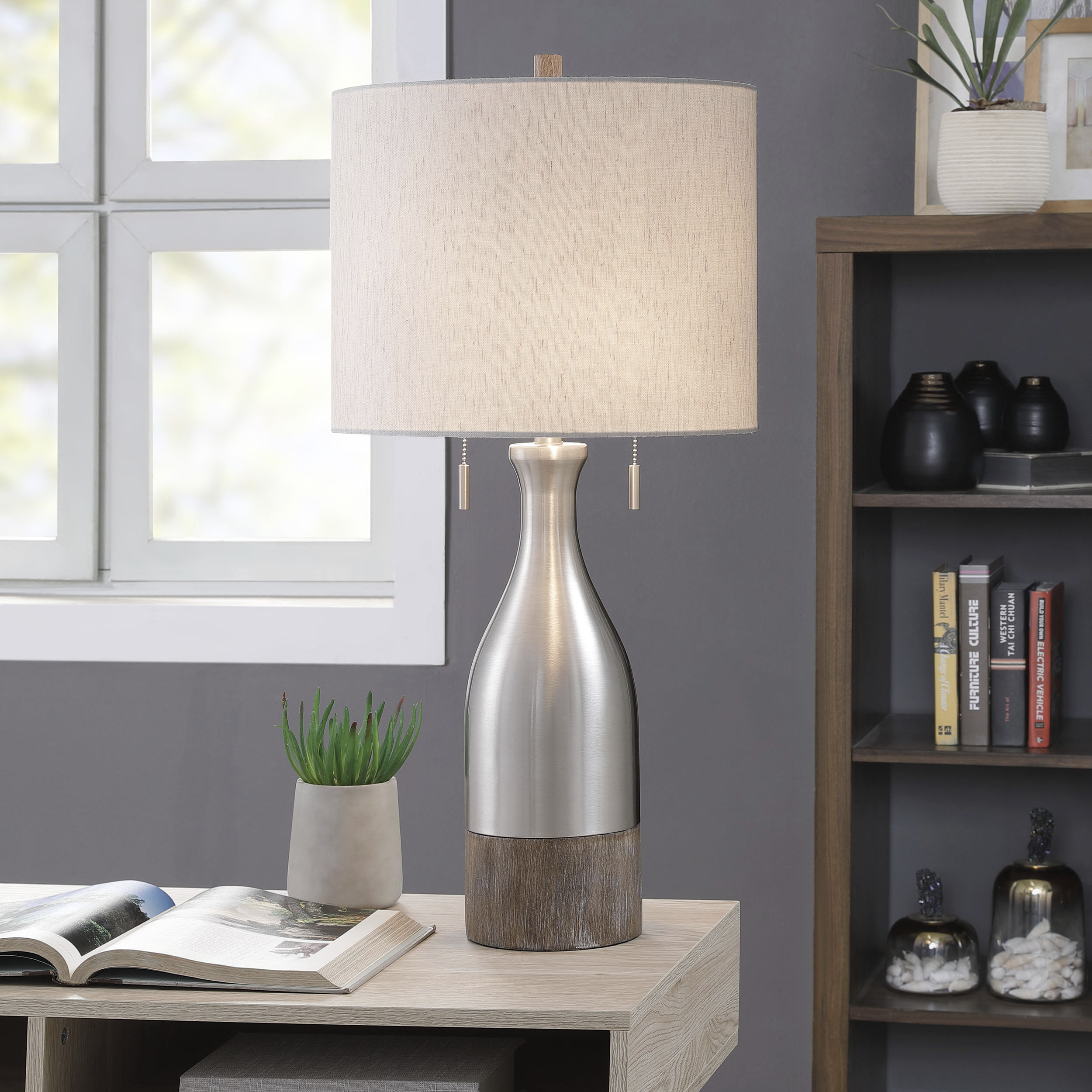 Logan 32 inch 60.00 watt Brushed Steel Metal With Molded Faux Wood Base Table Lamp Portable Light