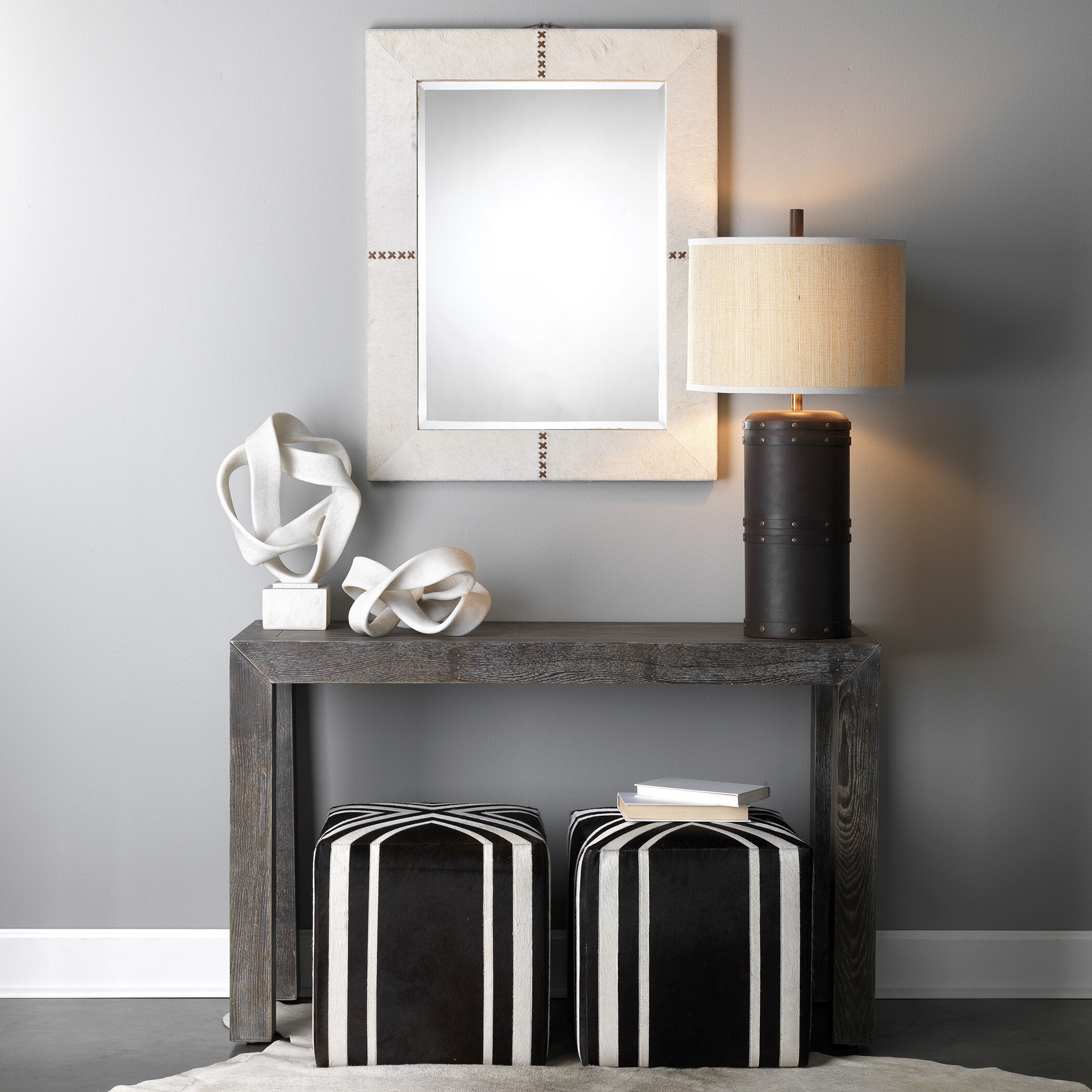 Cross Stitch 36 X 28 inch White Hide w/ Brown Stitching Wall Mirror