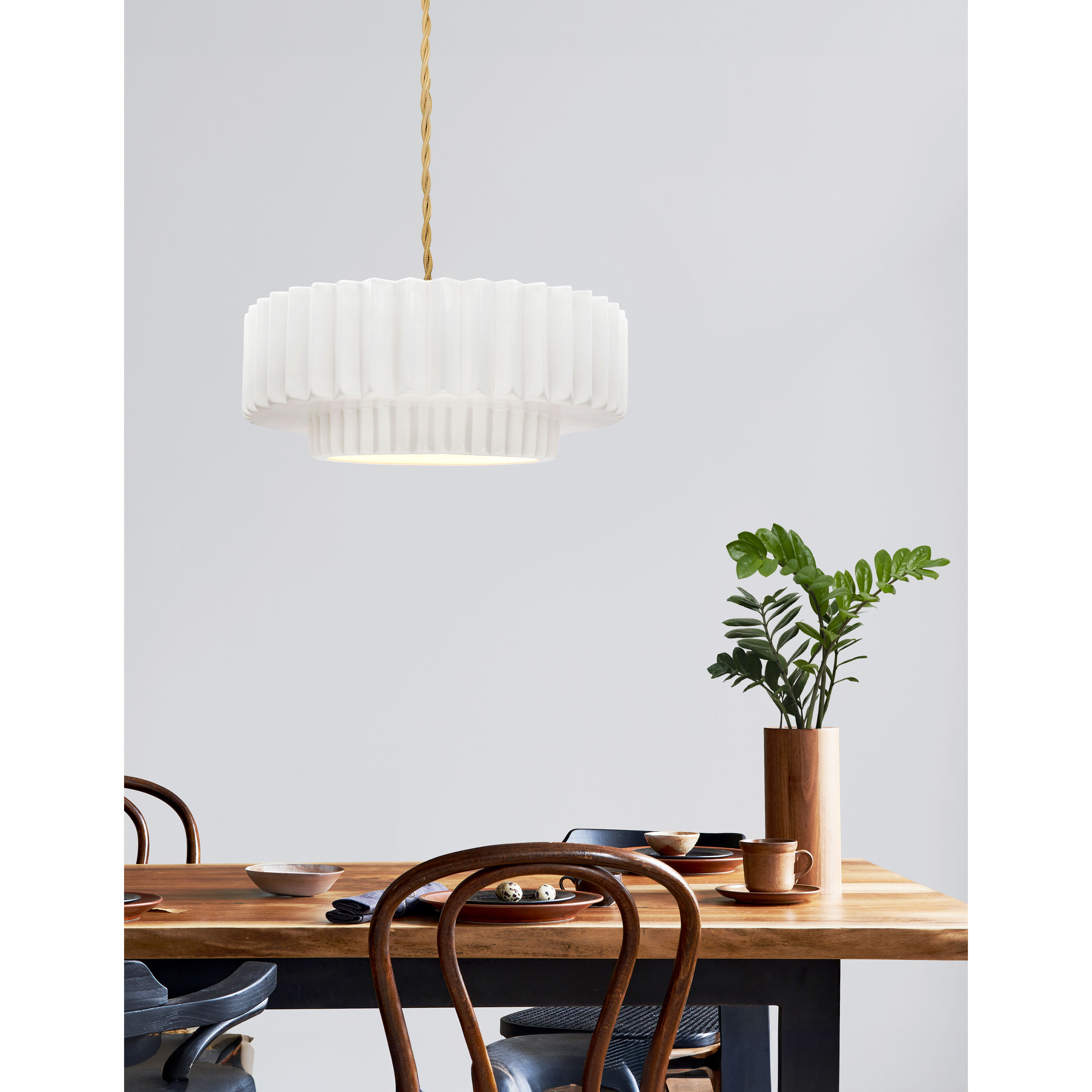 Radiance Collection - Pleated Tier Pendant Ceiling Light in Brushed Brass, Replaceable Bulb, Beige Twist Cord, Matte White, 14.5W x 5.25H, Form+Finish+Function