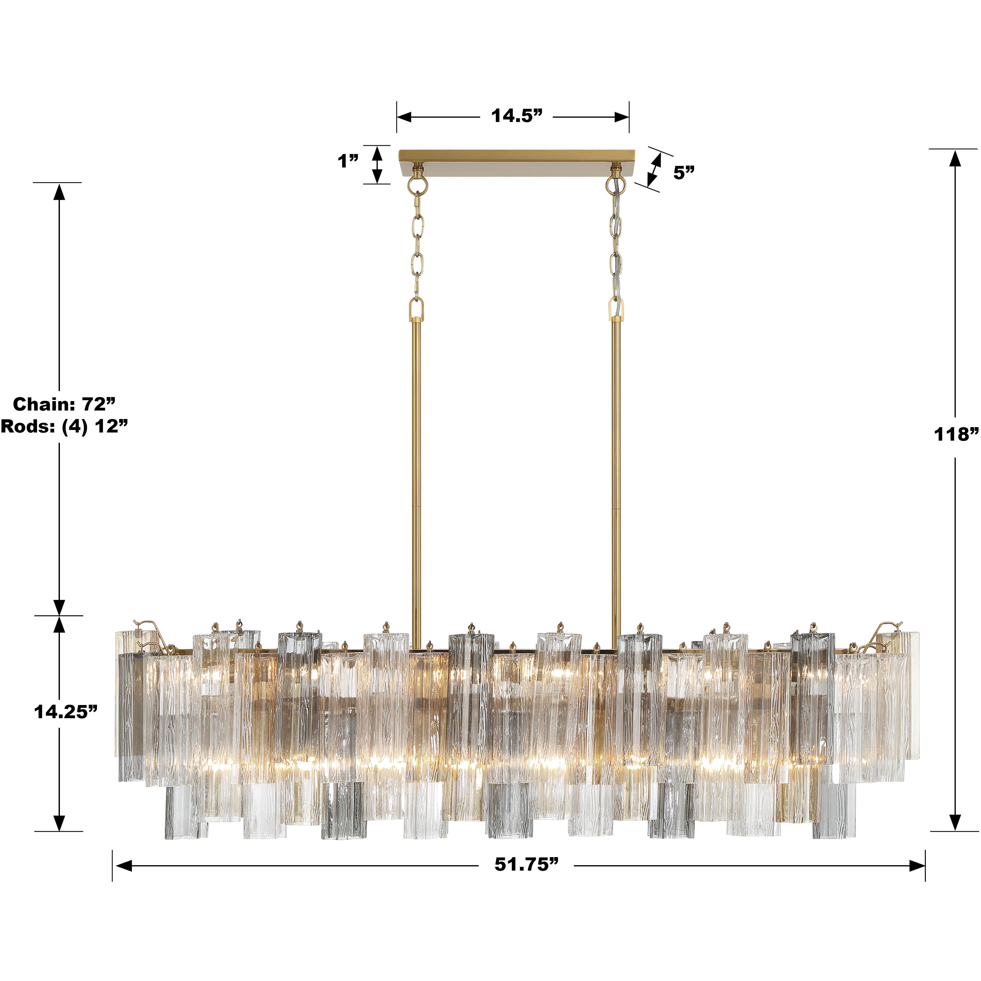 Addis 14 Light 51.75 inch Aged Brass Linear Chandelier Ceiling Light in Tronchi Glass Autumn