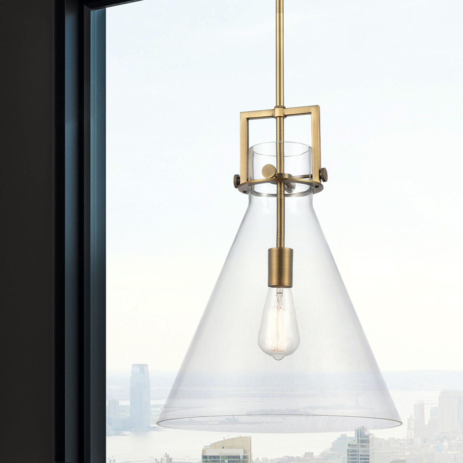 Downtown Urban Newton Cone 1 Light 14 inch Brushed Brass Pendant Ceiling Light in Clear Glass