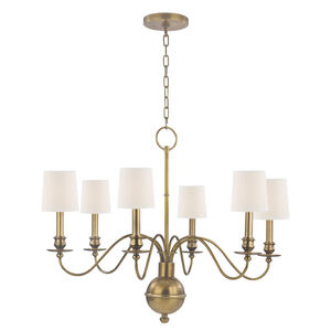Cohasset 6 Light 30 inch Aged Brass Chandelier Ceiling Light in White Faux Silk