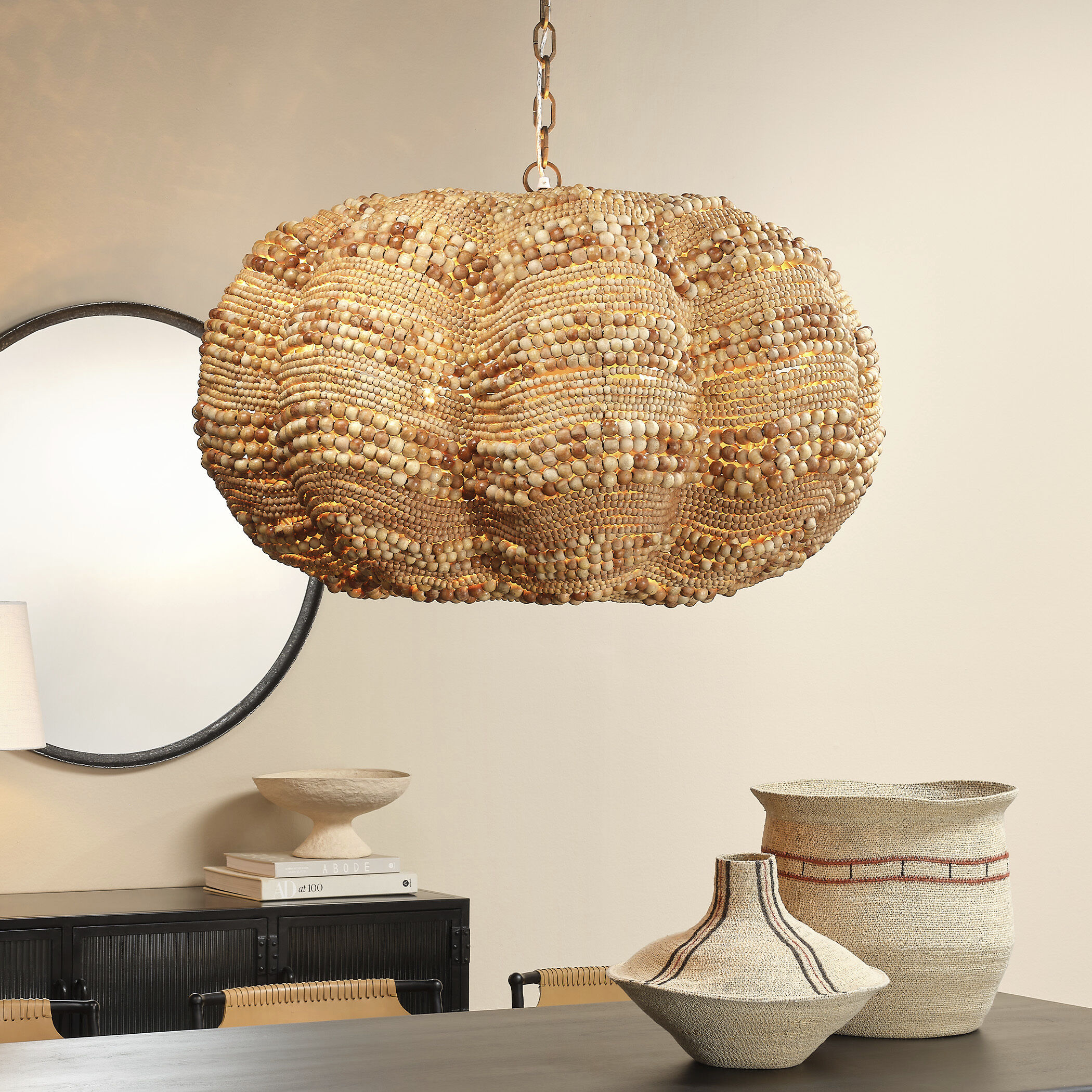 Clamshell 4 Light 37 inch Natural Wood Beads Chandelier Ceiling Light