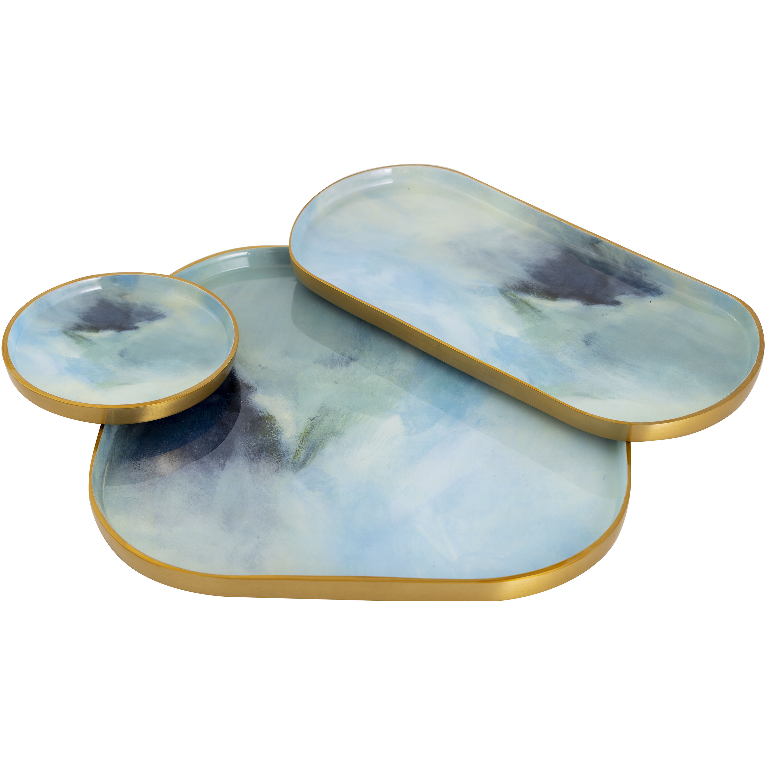 Aura Light Blue Enamel with Brushed Brass Tray, Set of 3