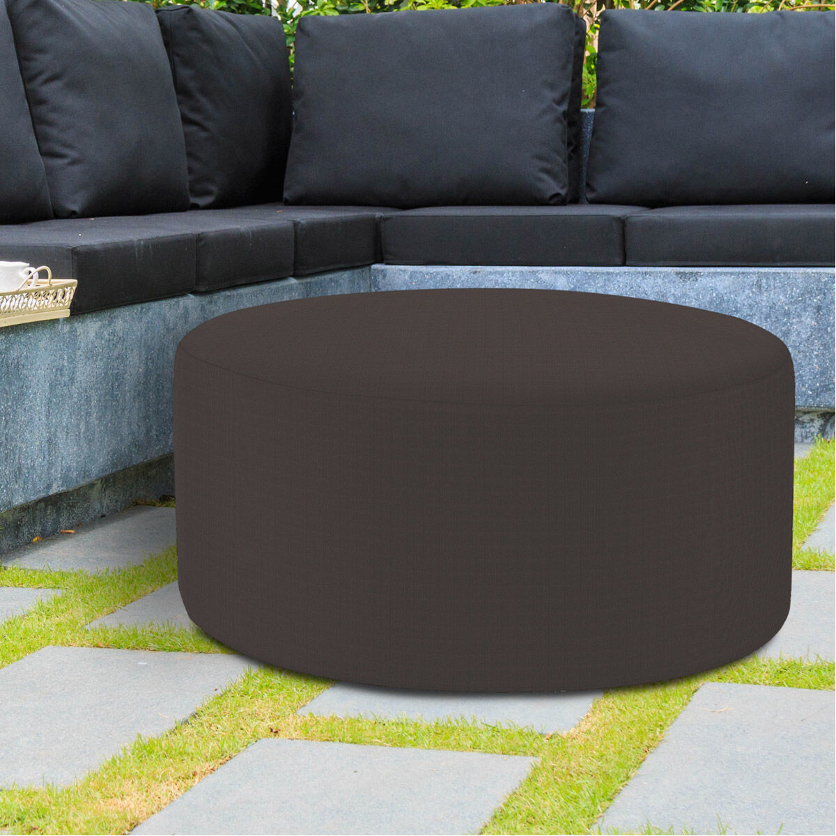 Universal 18 inch Seascape Charcoal Outdoor Round Ottoman with Slipcover