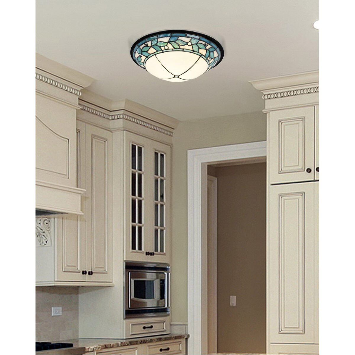 Dale Tiffany TH15477LED Green Leaves LED 15 inch Tiffany Bronze Flush Mount Ceiling Light Dome