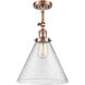 Franklin Restoration X-Large Cone LED 12 inch Antique Copper Semi-Flush Mount Ceiling Light in Seedy Glass, Franklin Restoration