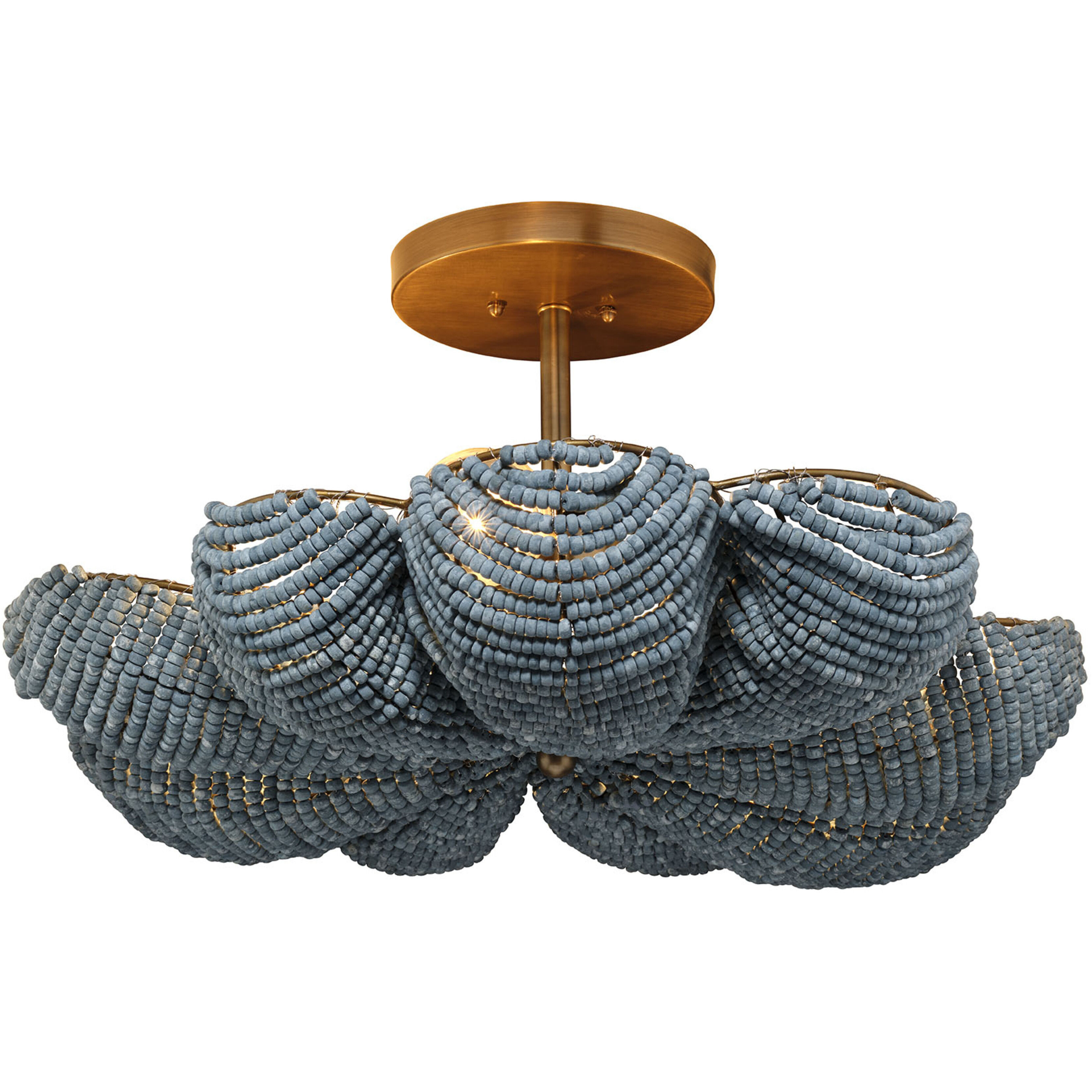 Anguilla LED 26 inch Antique Brass Semi-Flush Mount Ceiling Light in Blue Wood Beads, Inline