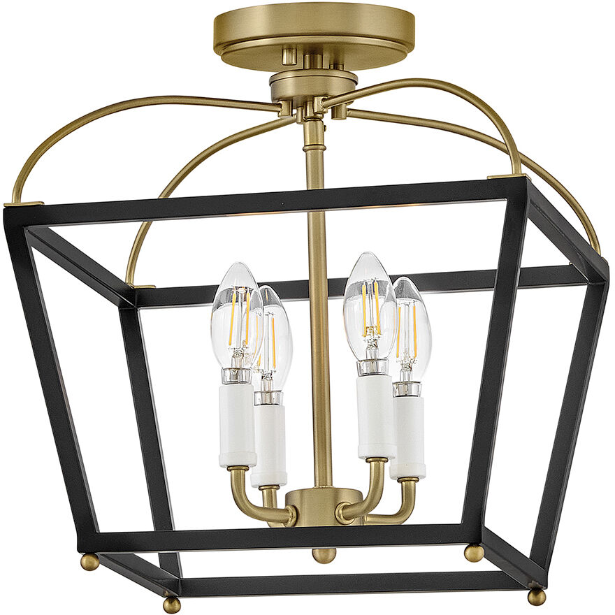 Tate 4 Light 13 inch Black with Lacquered Brass Semi-flush Mount Ceiling Light
