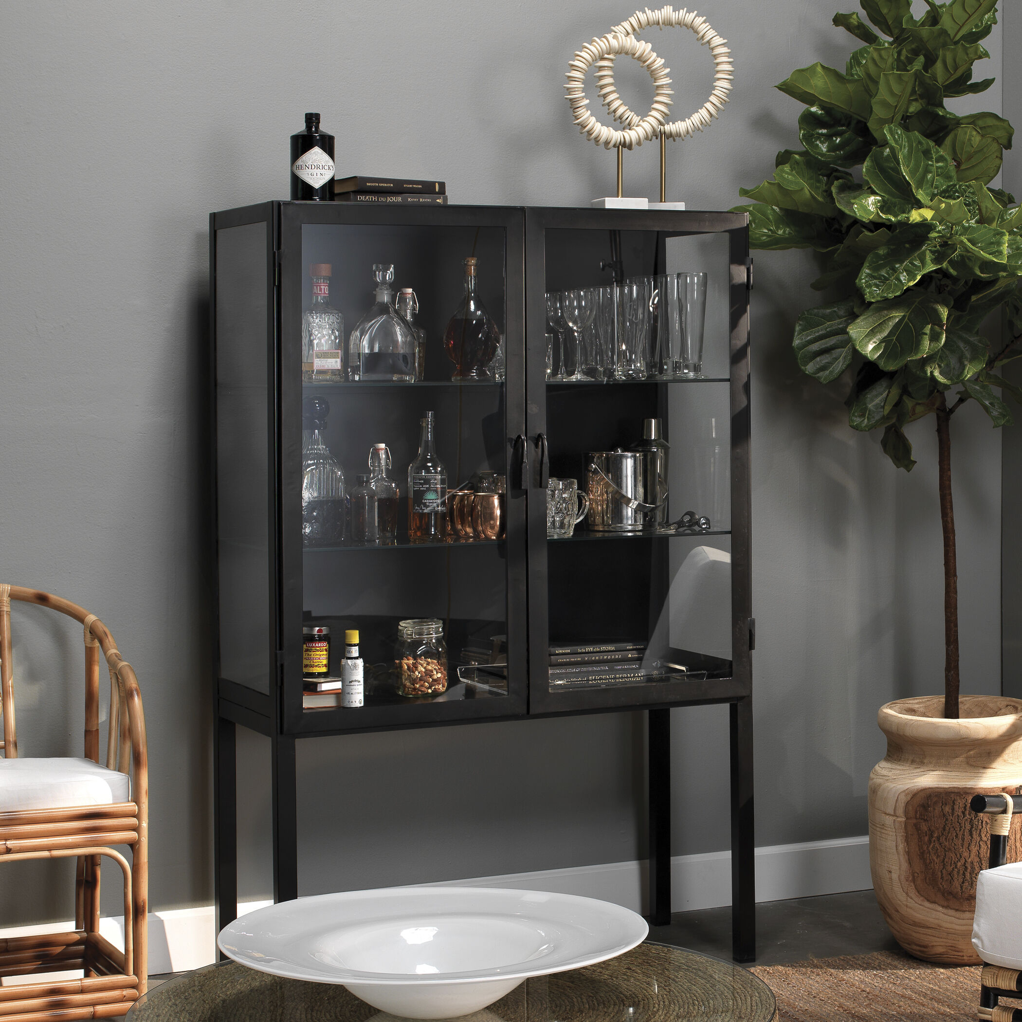Chauncey Wide Black Iron & Clear Glass Curio Bar Cabinet