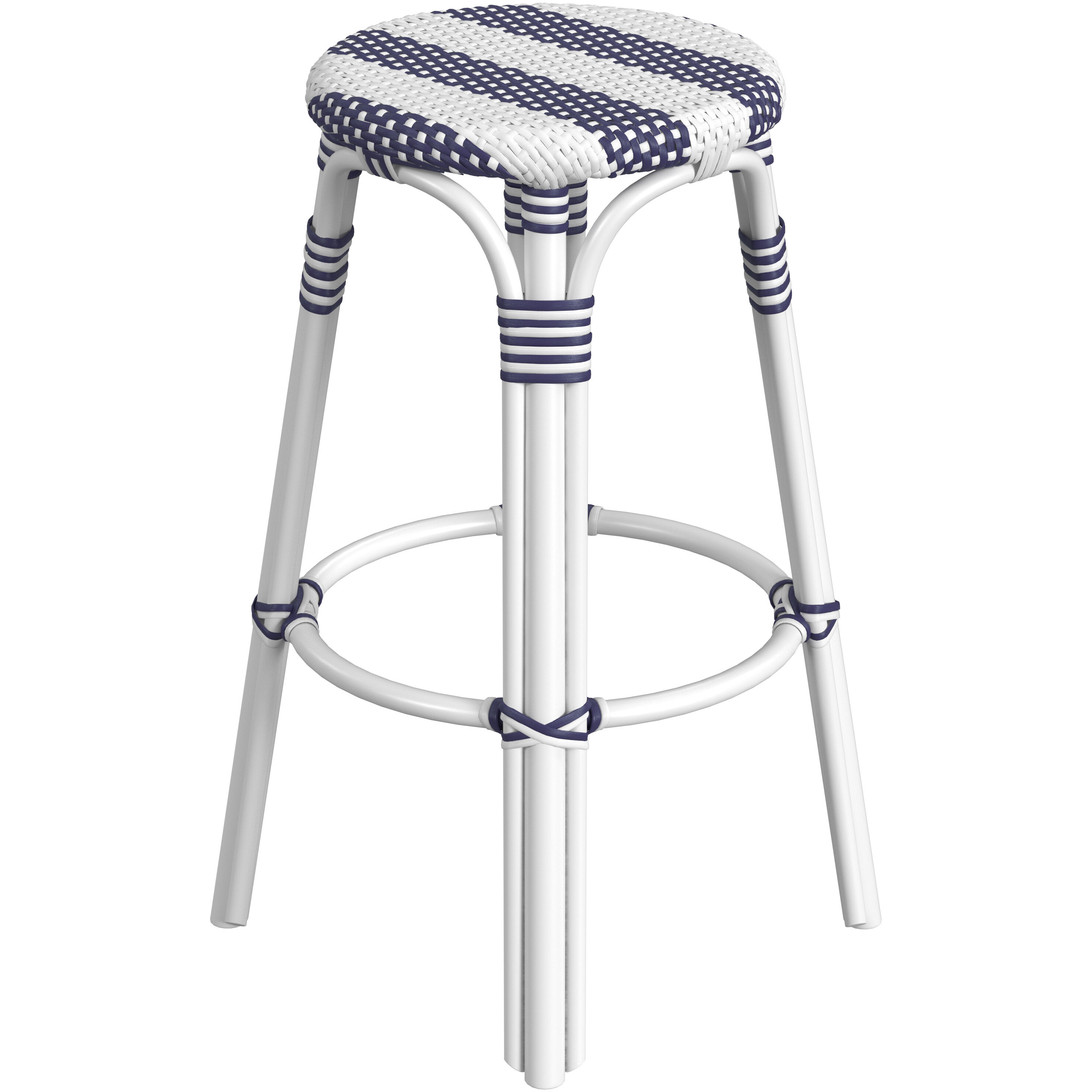 Tobias Round Rattan 30" Bar Stool in White and Navy Stripe