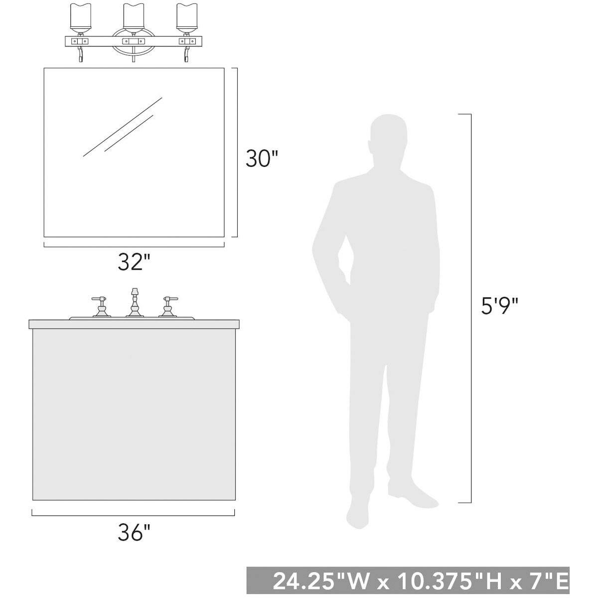 Madera 3 Light 24 inch Black Iron Bath Vanity Wall Light