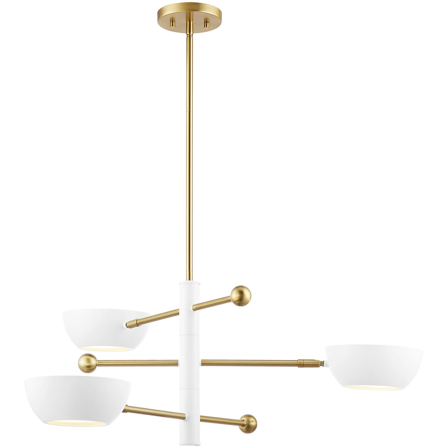 Contemporary 3 Light 33.75 inch White with Natural Brass Chandelier Ceiling Light