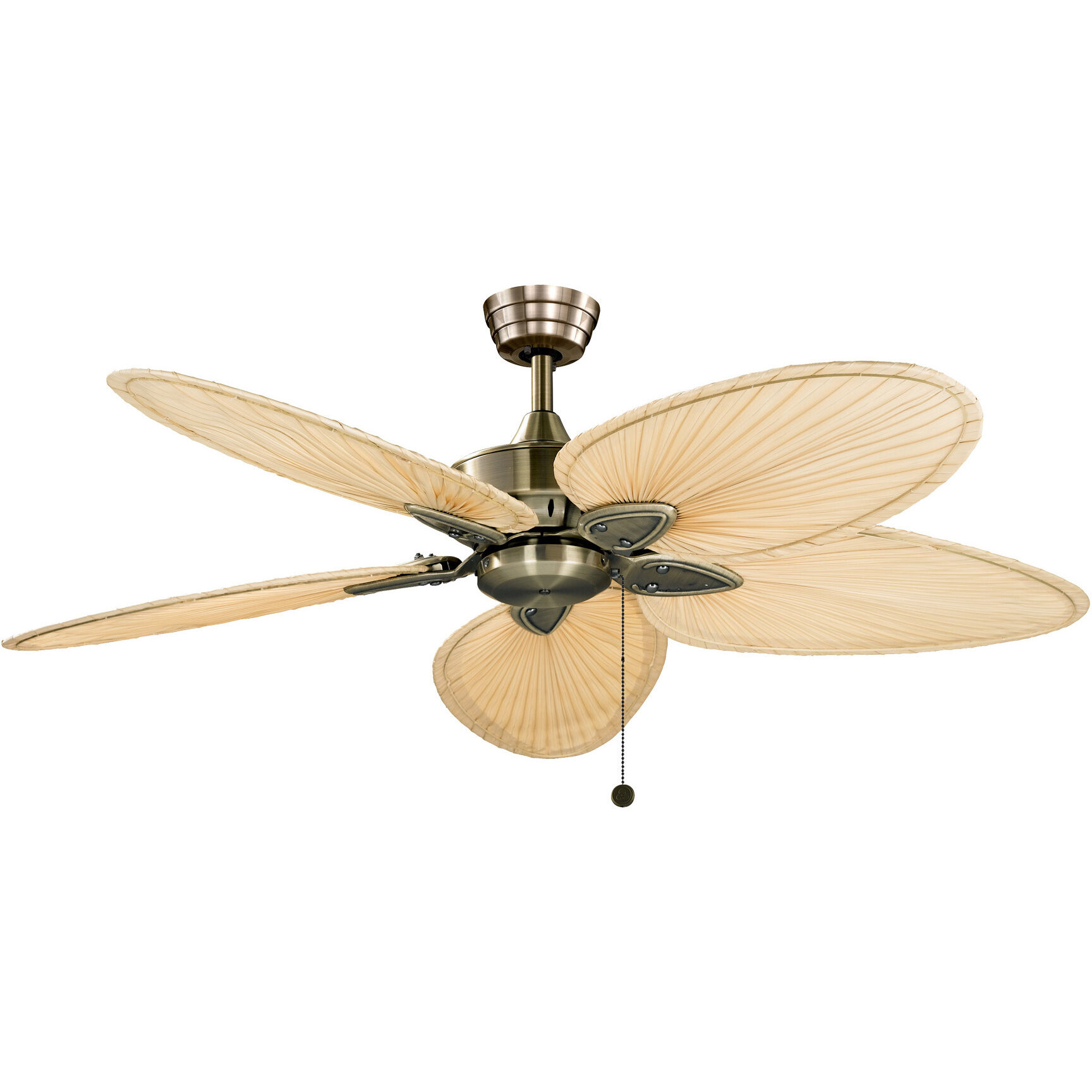 Windpointe 52 inch Antique Brass with Narrow Oval Natural Palm Blades Fan-Uni, FItter needs to be ordered also if getting glass F423