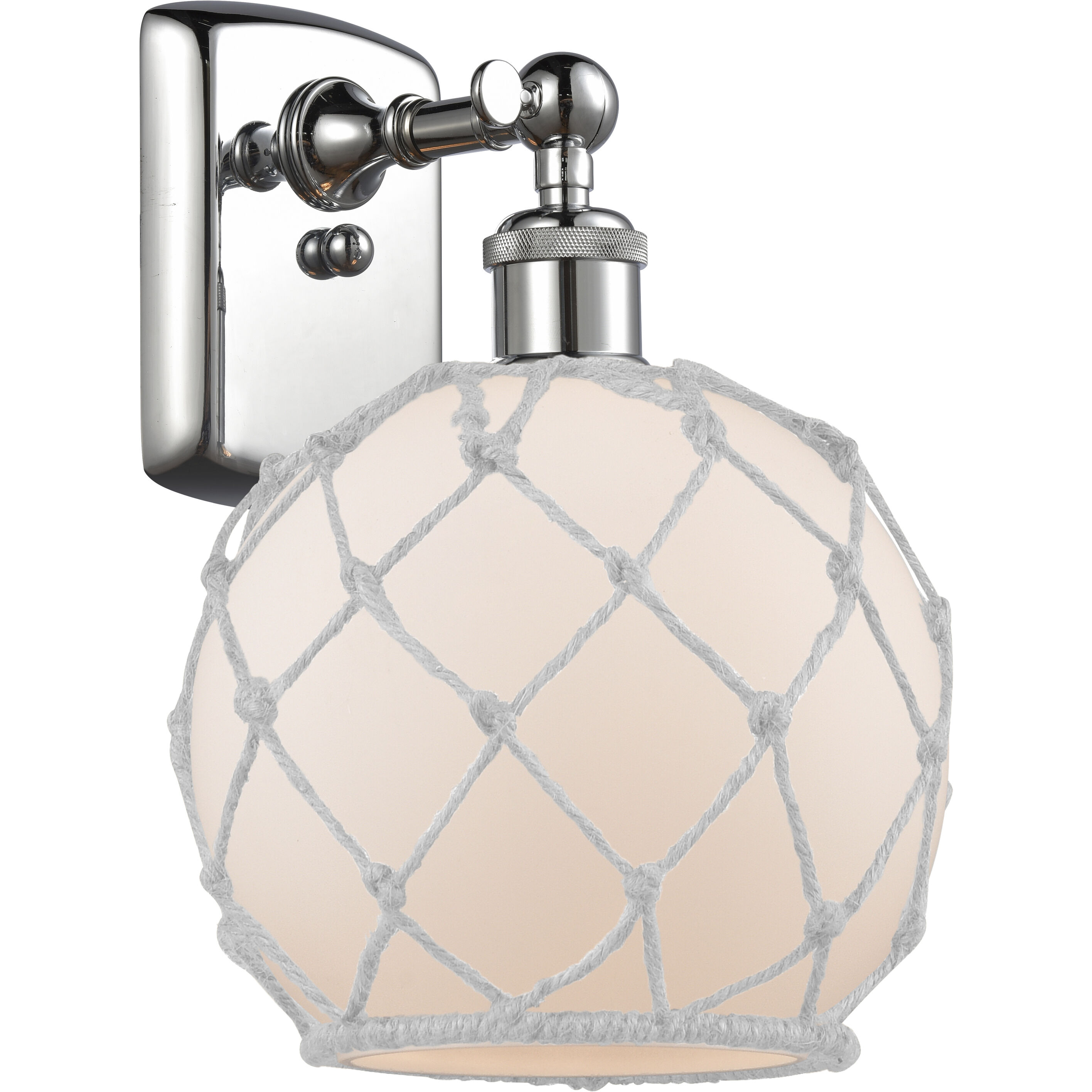 Ballston Farmhouse Rope Armed Sconce Wall Light in Polished Chrome, Bulb Not Included, White Glass with White Rope, Ballston