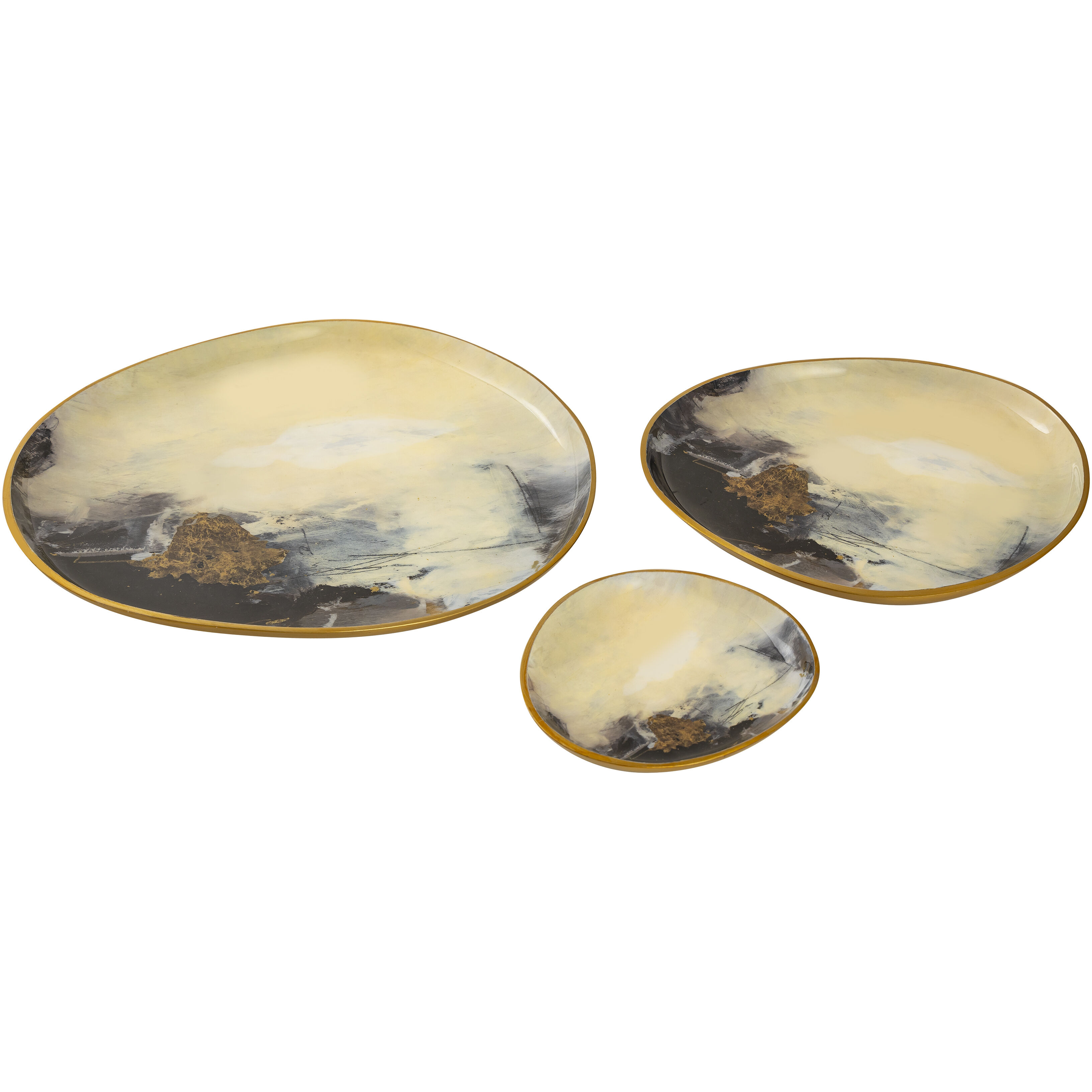Haley Satin Brass with White Enamel and Black Enamel Tray, Set of 3