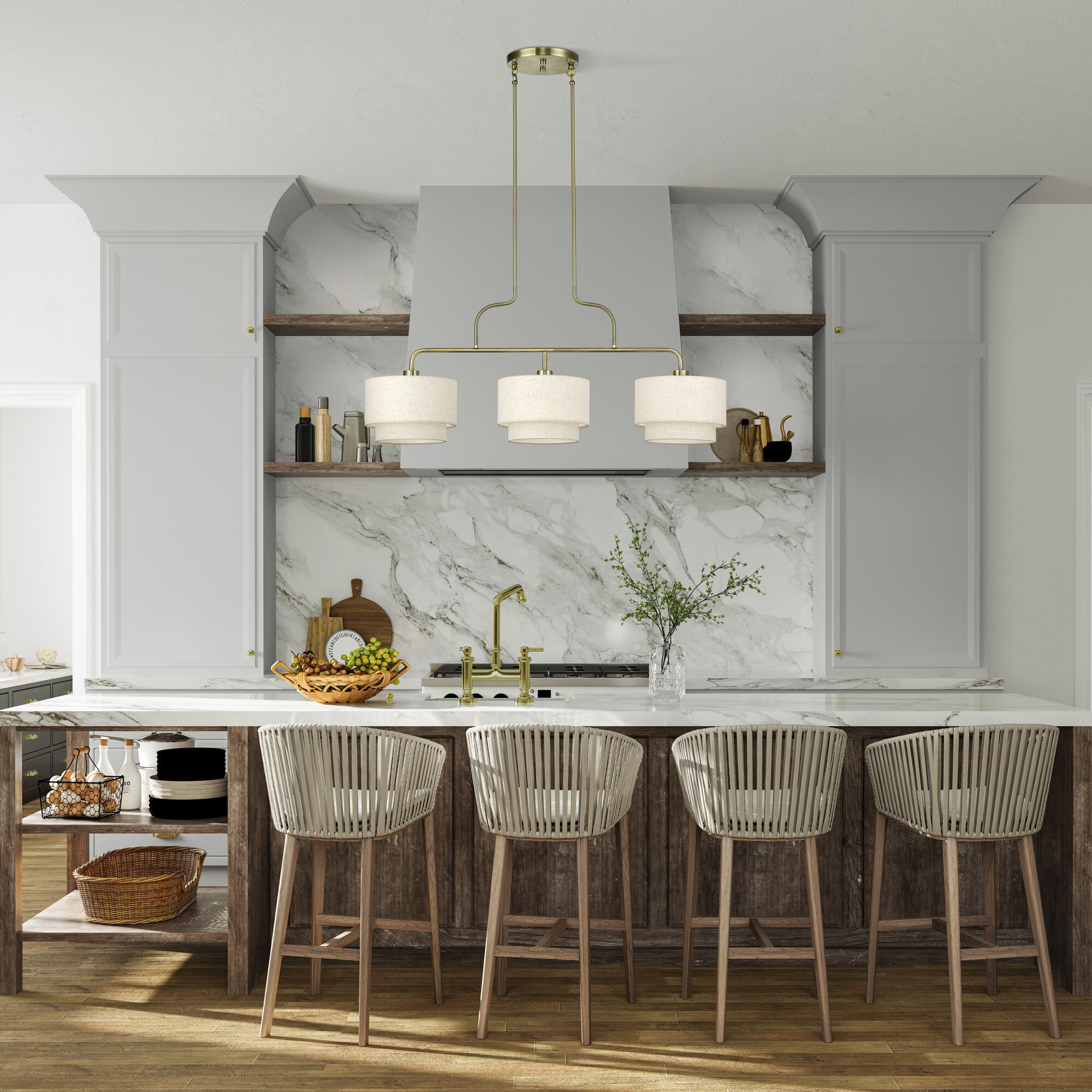 Manorwood 3 Light 48 inch Antique Brass Linear Chandelier Ceiling Light, Extra Large