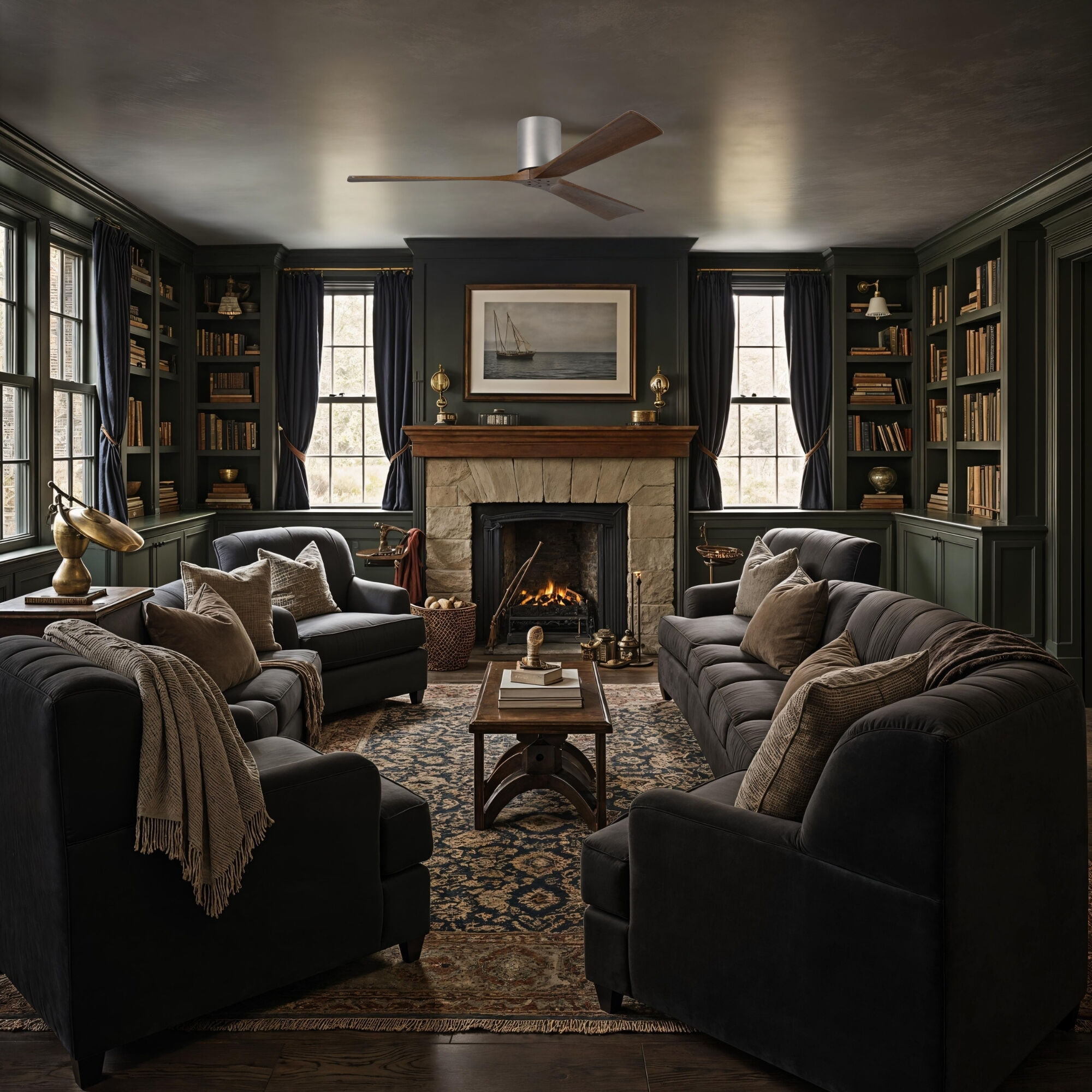 Atlas Irene-3H 60 inch Brushed Nickel with Walnut Tone Blades Flush Mount Paddle Fan, Flush Mounted