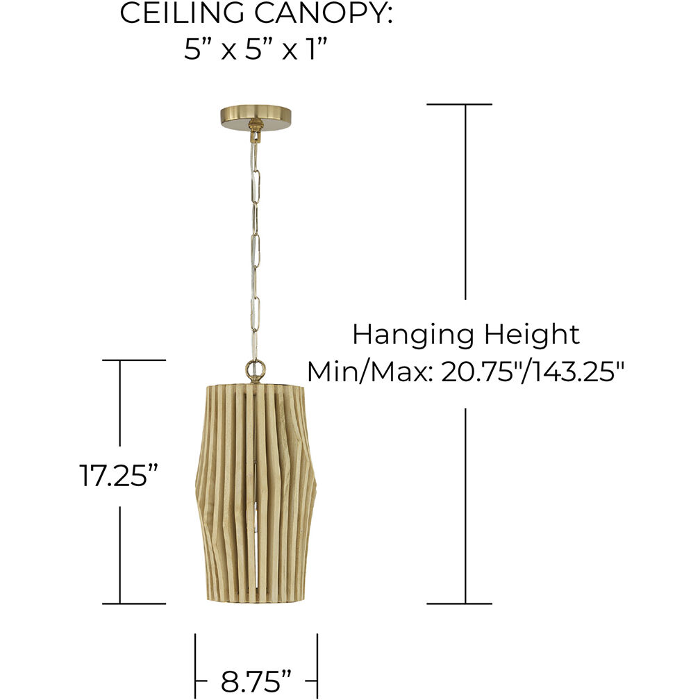 Archer 1 Light 8.75 inch Blonde Wood and Matte Brass Pendant Ceiling Light