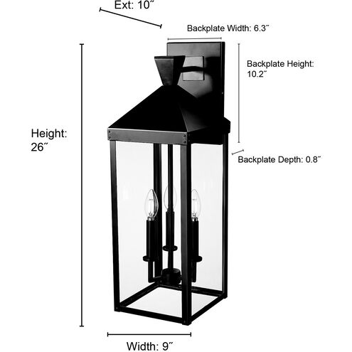 Yates 3 Light 26 inch Powder Coated Black Outdoor Wall Sconce
