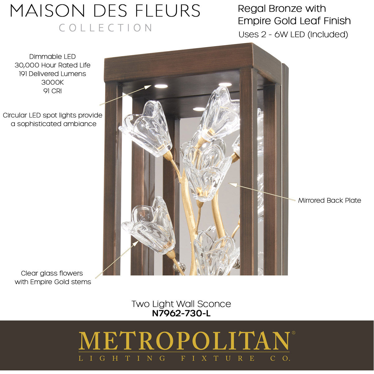 Maison Des Fleurs LED 7.13 inch Regal Bronze with Empire Gold Wall Sconce Wall Light