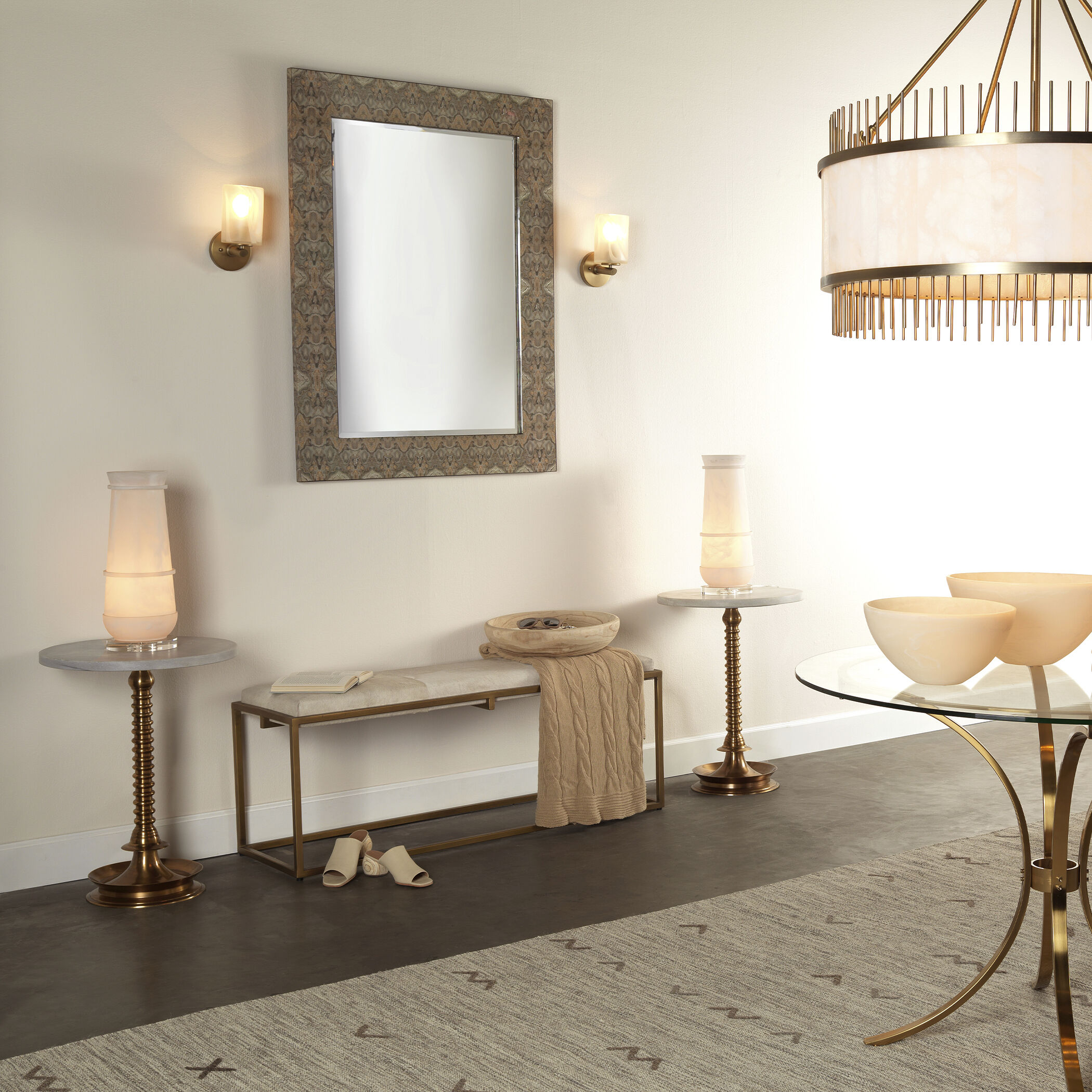 Shelby White Hide and Antique Brass Metal Bench