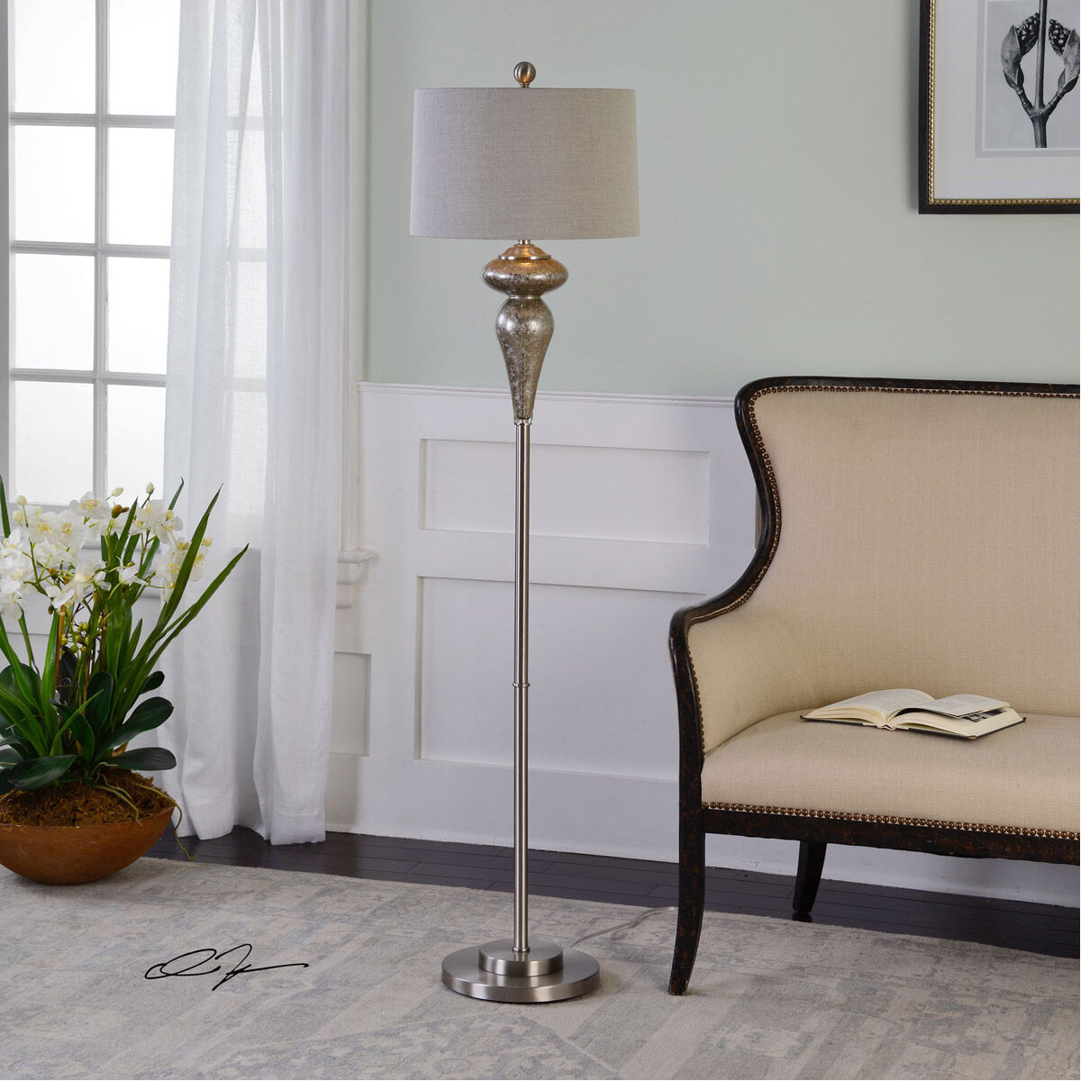 Uttermost 28102 2 Vercana 64 inch 150.00 watt Smoked Mercury Glass with Brushed Nickel Floor Lamps Portable Light Set of 2