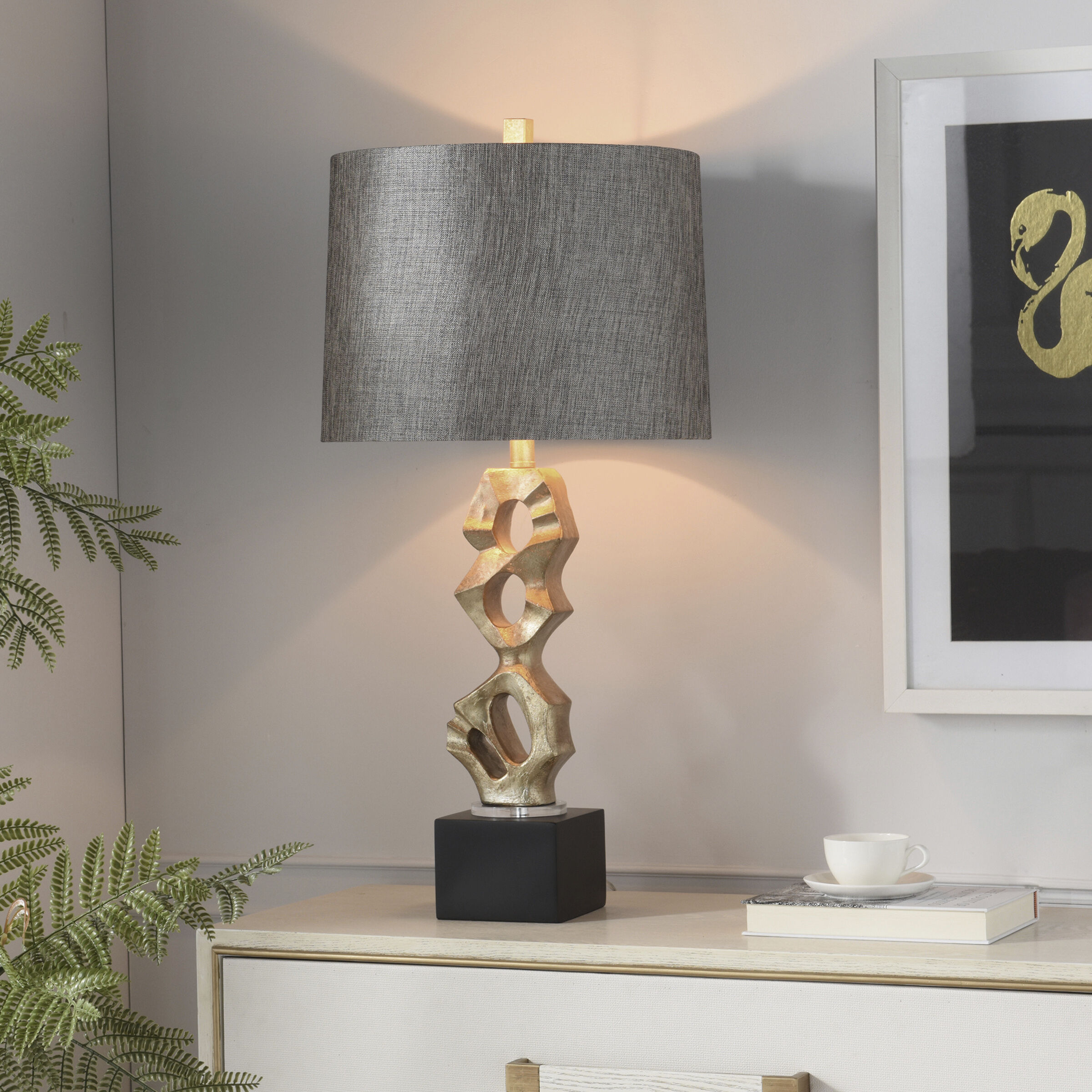 Poly 32.25 inch 100 watt Van Gold and Black and White Table Lamp Portable Light