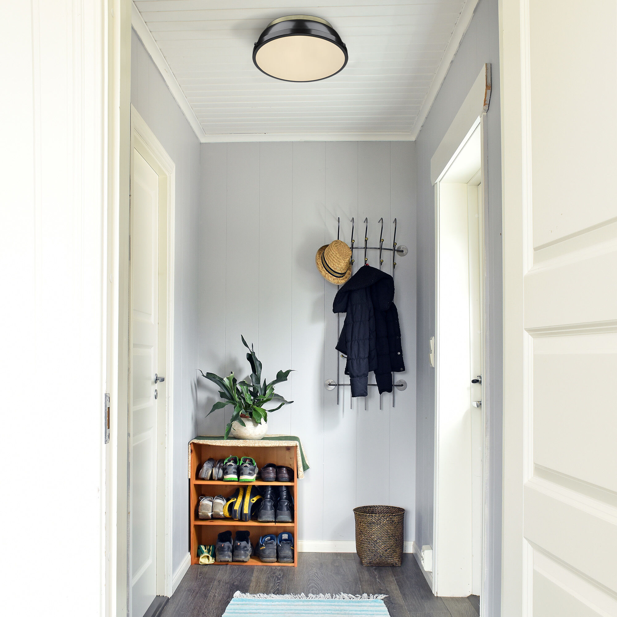 Yep Duncan 2 Light 14 inch Aged Brass Flush Mount Ceiling Light in Matte Black, Damp