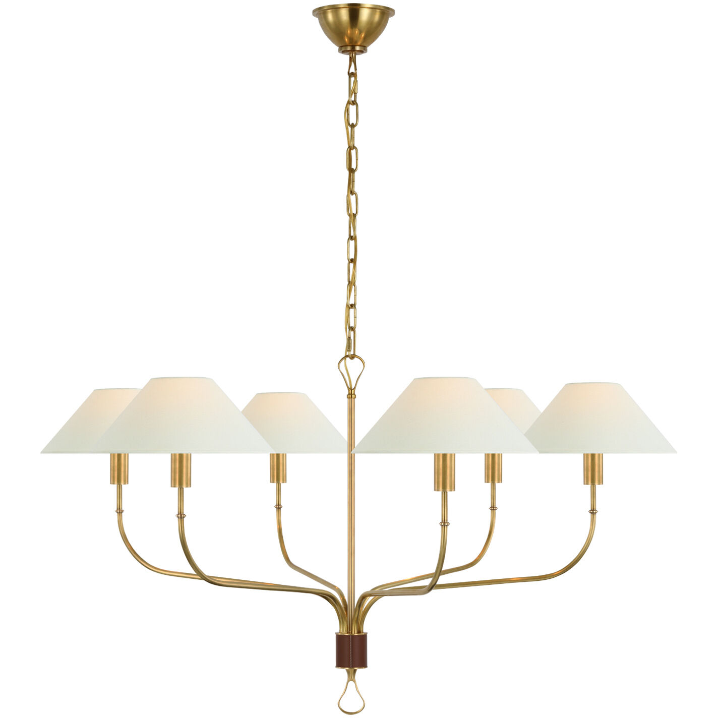 Amber Lewis Griffin LED 56 inch Hand-Rubbed Antique Brass and Saddle Leather Tail Chandelier Ceiling Light, Grande