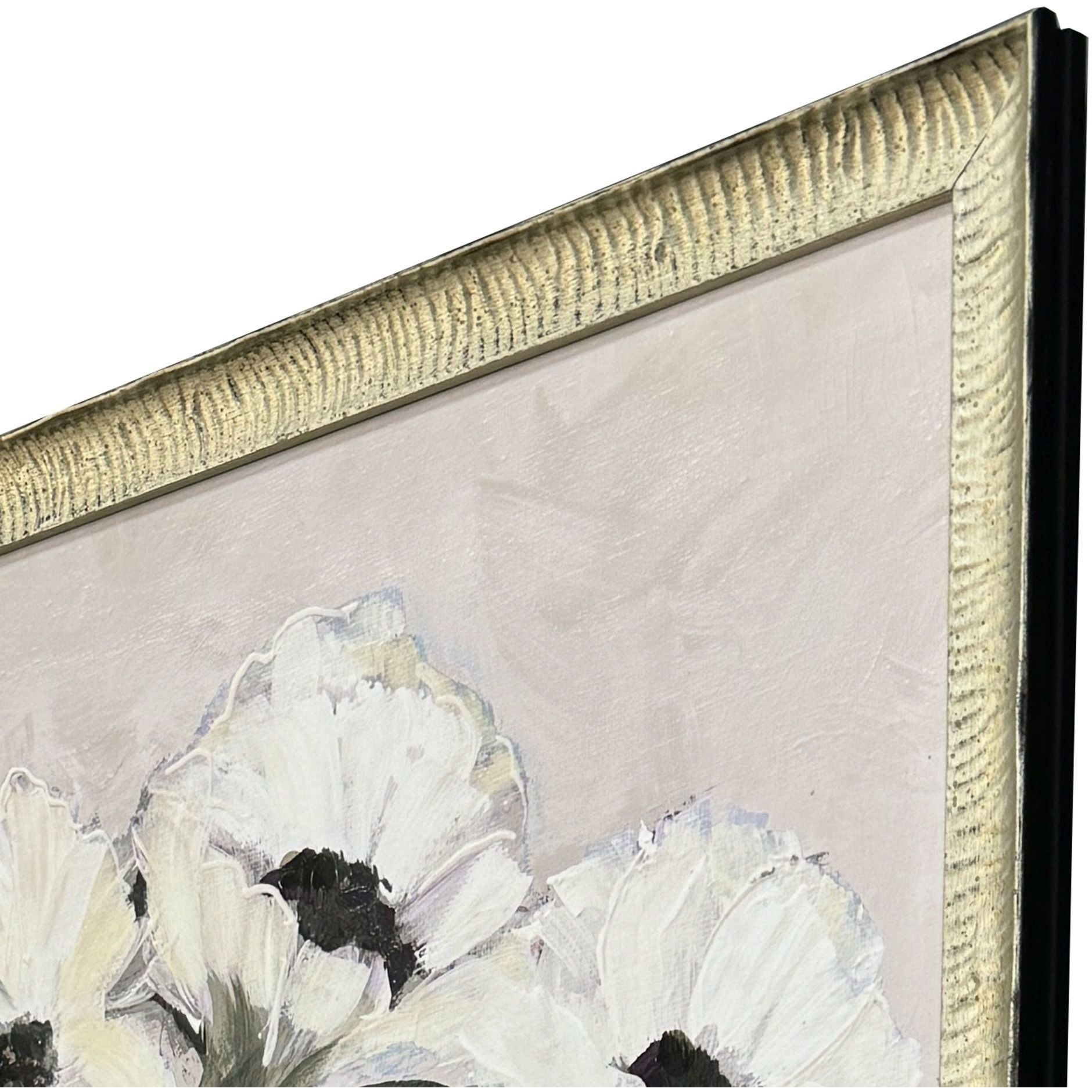 White Flowers White and Beige and Black and Green Framed Art