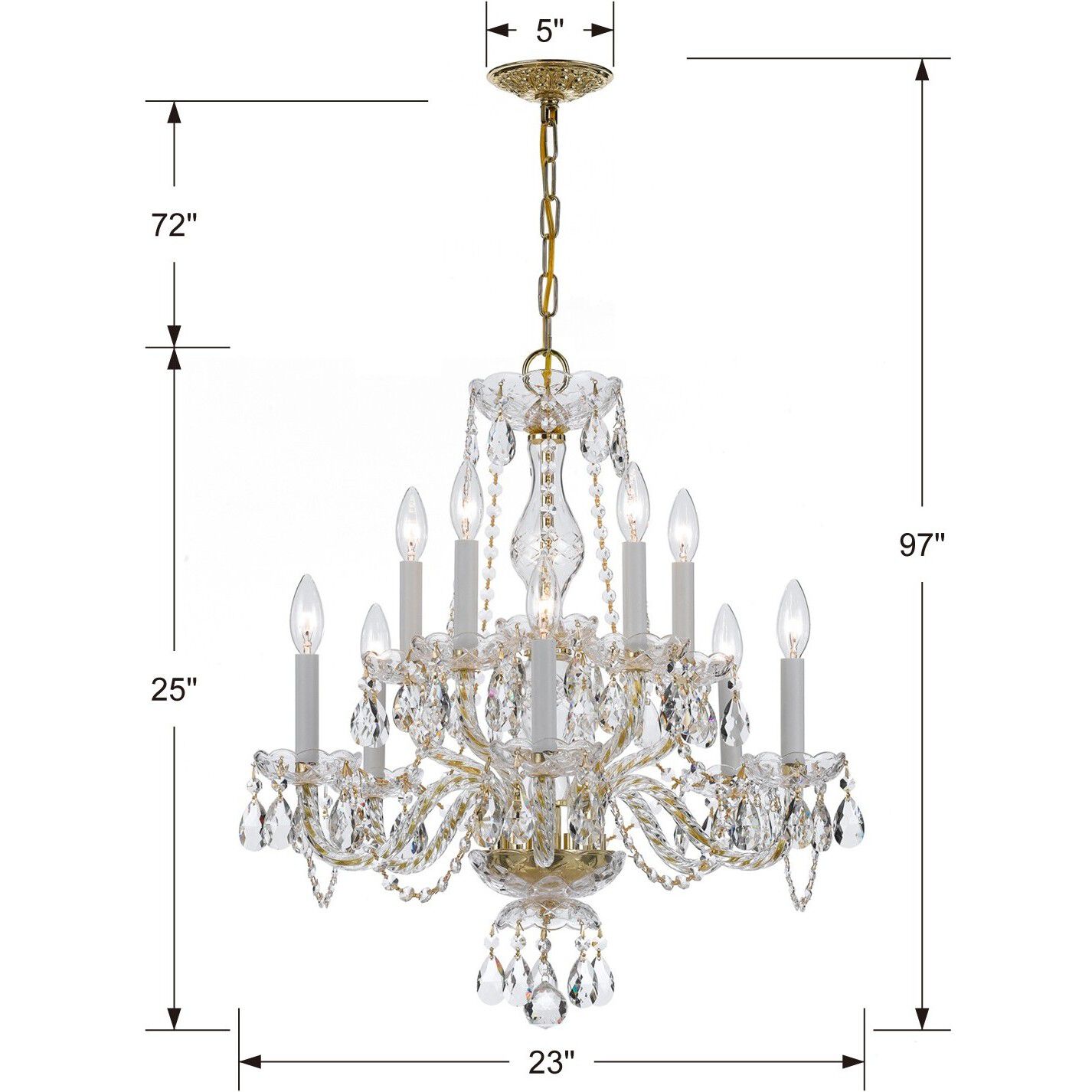 Traditional Crystal 10 Light 23 inch Polished Brass Chandelier Ceiling Light in Clear Swarovski Strass