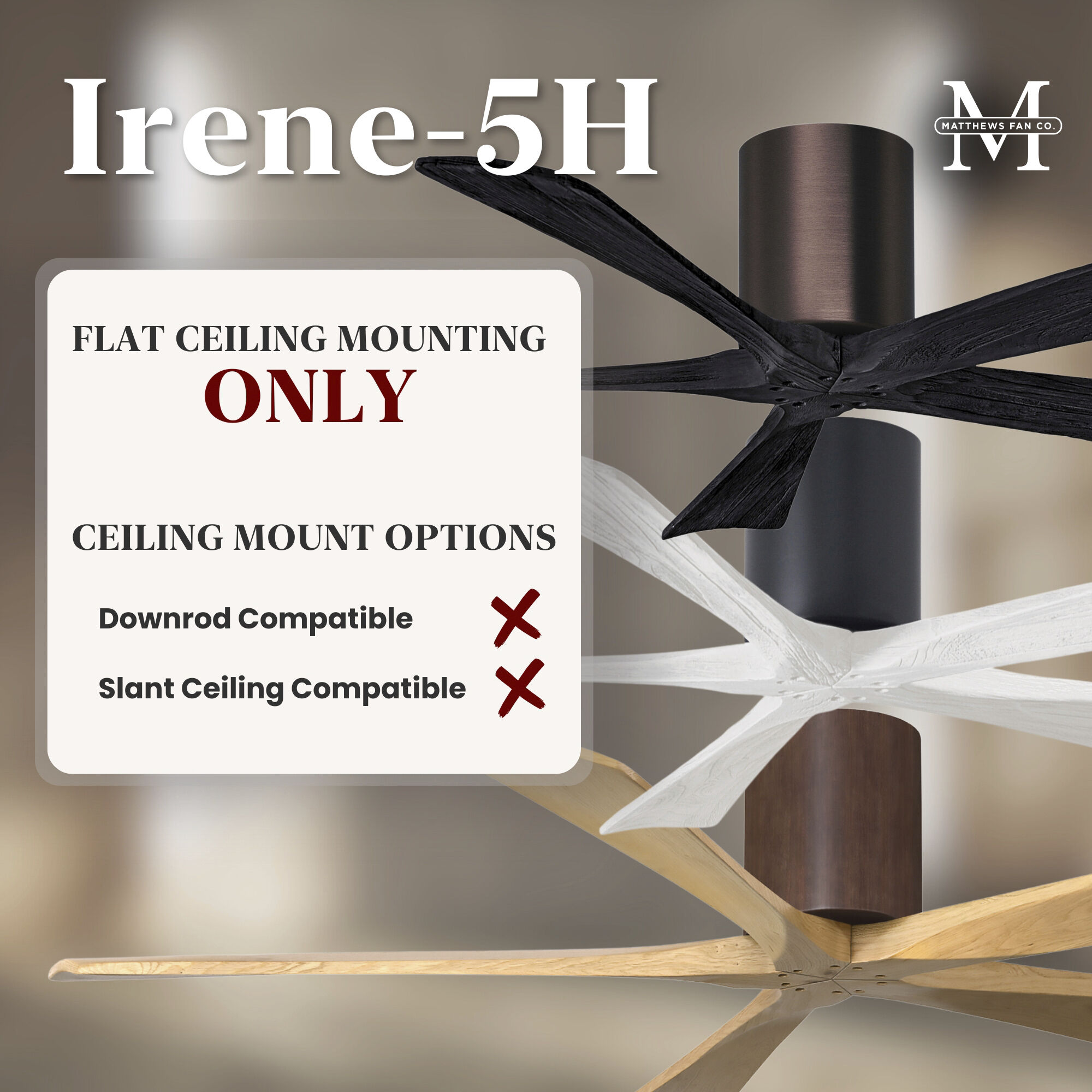 Atlas Irene-5H 42 inch Textured Bronze with Matte Black Blades Flush Mount Paddle Fan, Flush Mounted