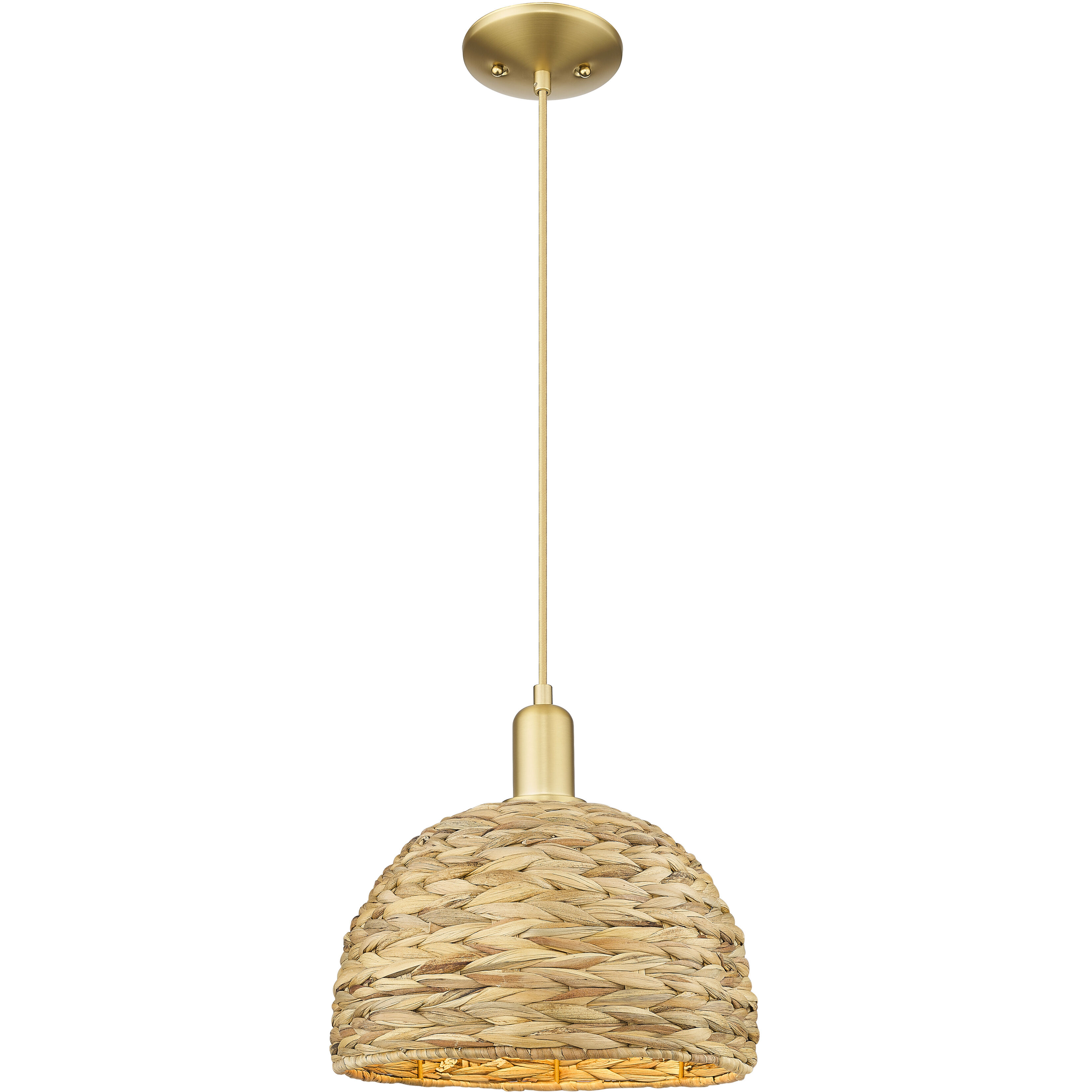 Arcadia Woven Rattan 1 Light 12 inch Satin Gold Mini Pendant Ceiling Light
