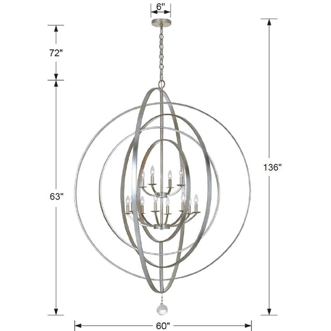 Luna 12 Light 60 inch Antique Silver Chandelier Ceiling Light