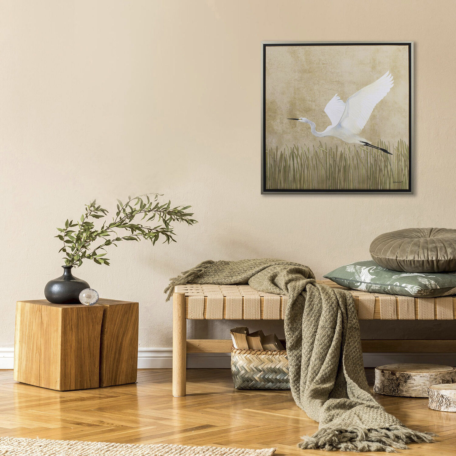 Egret Alighting Neutral and Green and Brown Canvas, Propac